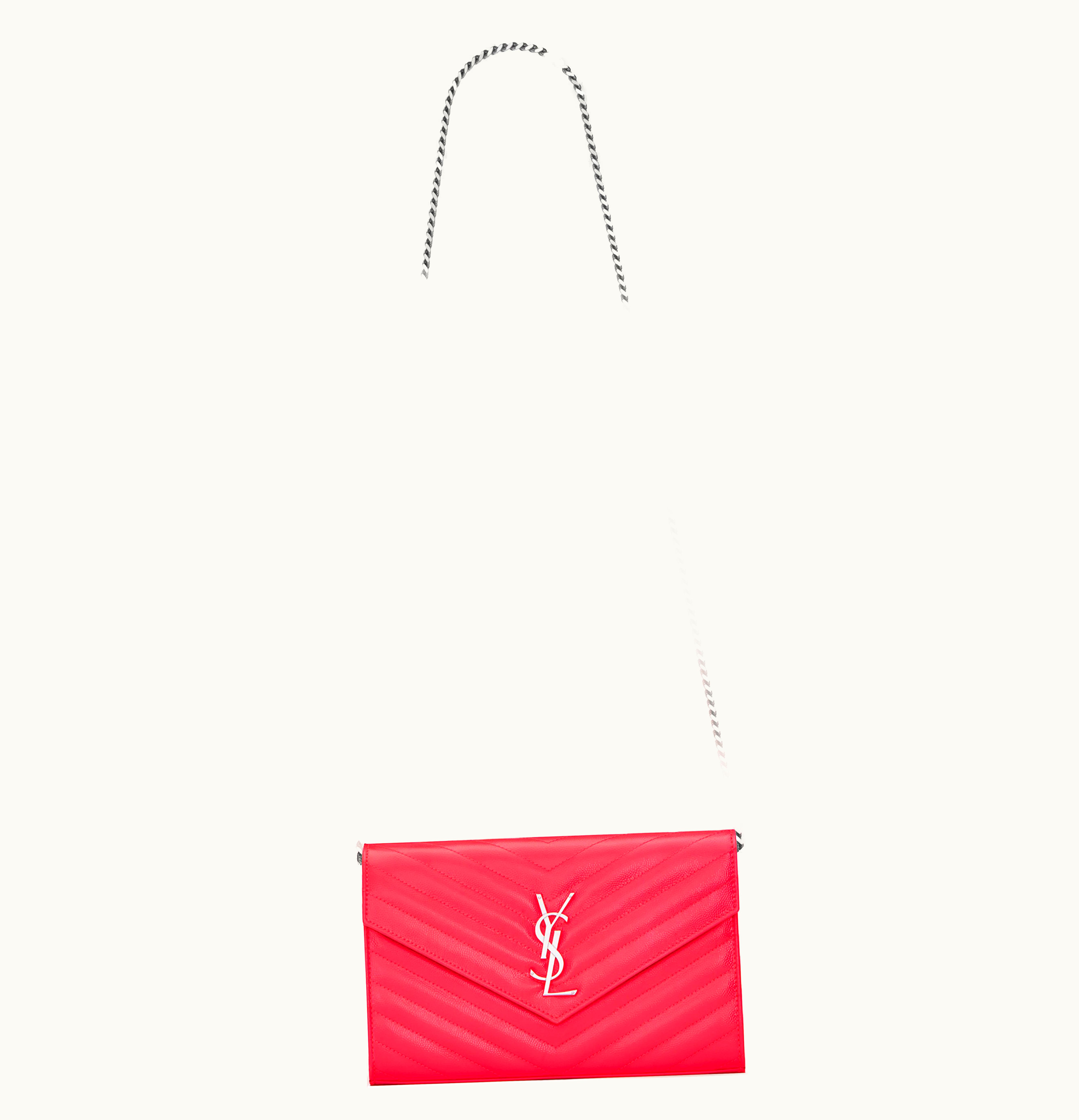 Saint Laurent Chain Wallet Monogram Grain De Poudre Embossed Patent Leather Neon Pink