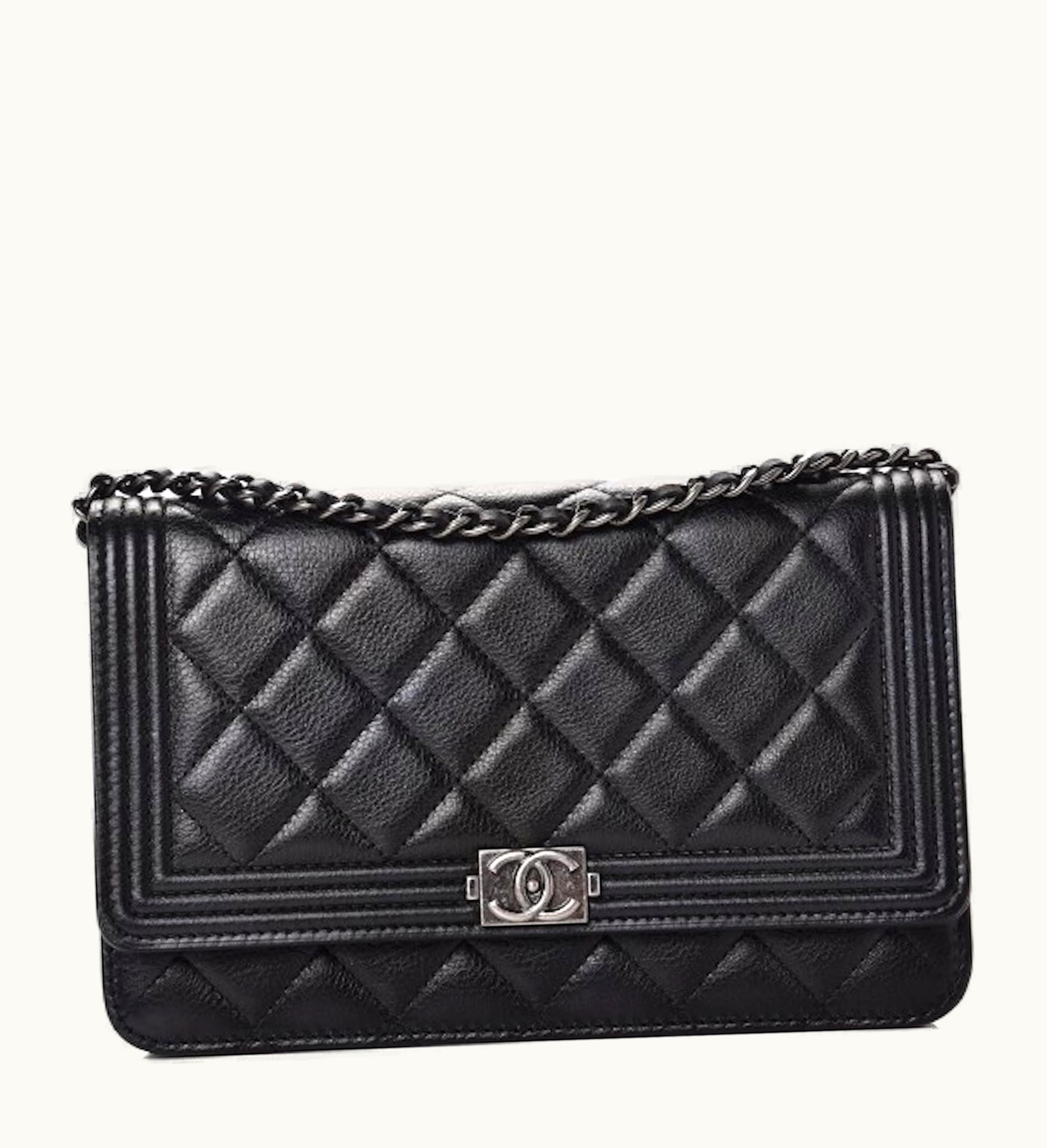 Chanel Boy Wallet On Chain Quilted Calfskin Ruthenium Tone Black