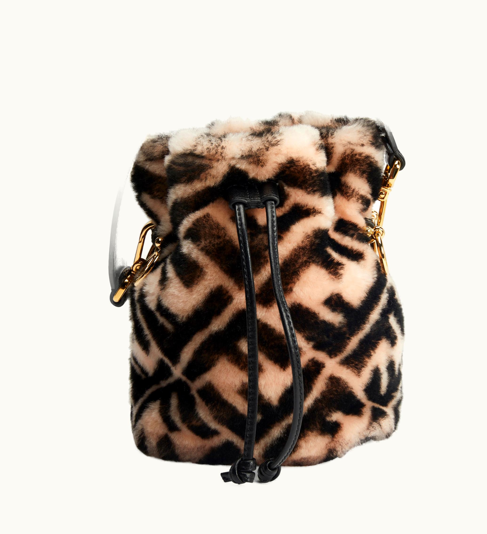 Fendi Mon Tresor Bucket Bag Zucca Shearling Mini Pink Black