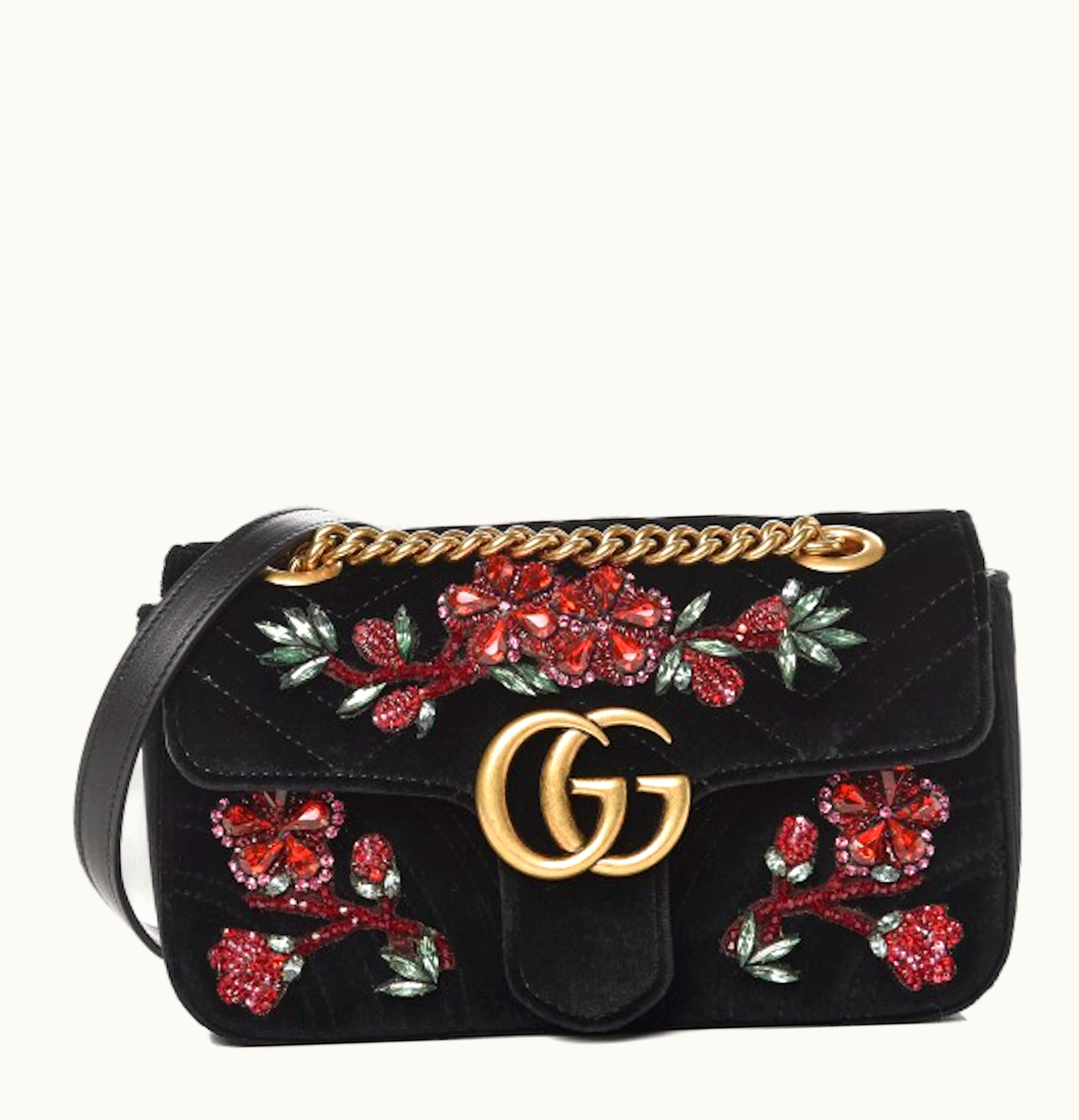 Gucci Gucci Marmont Matelasse GG Embroidered Floral Gems Mini Black