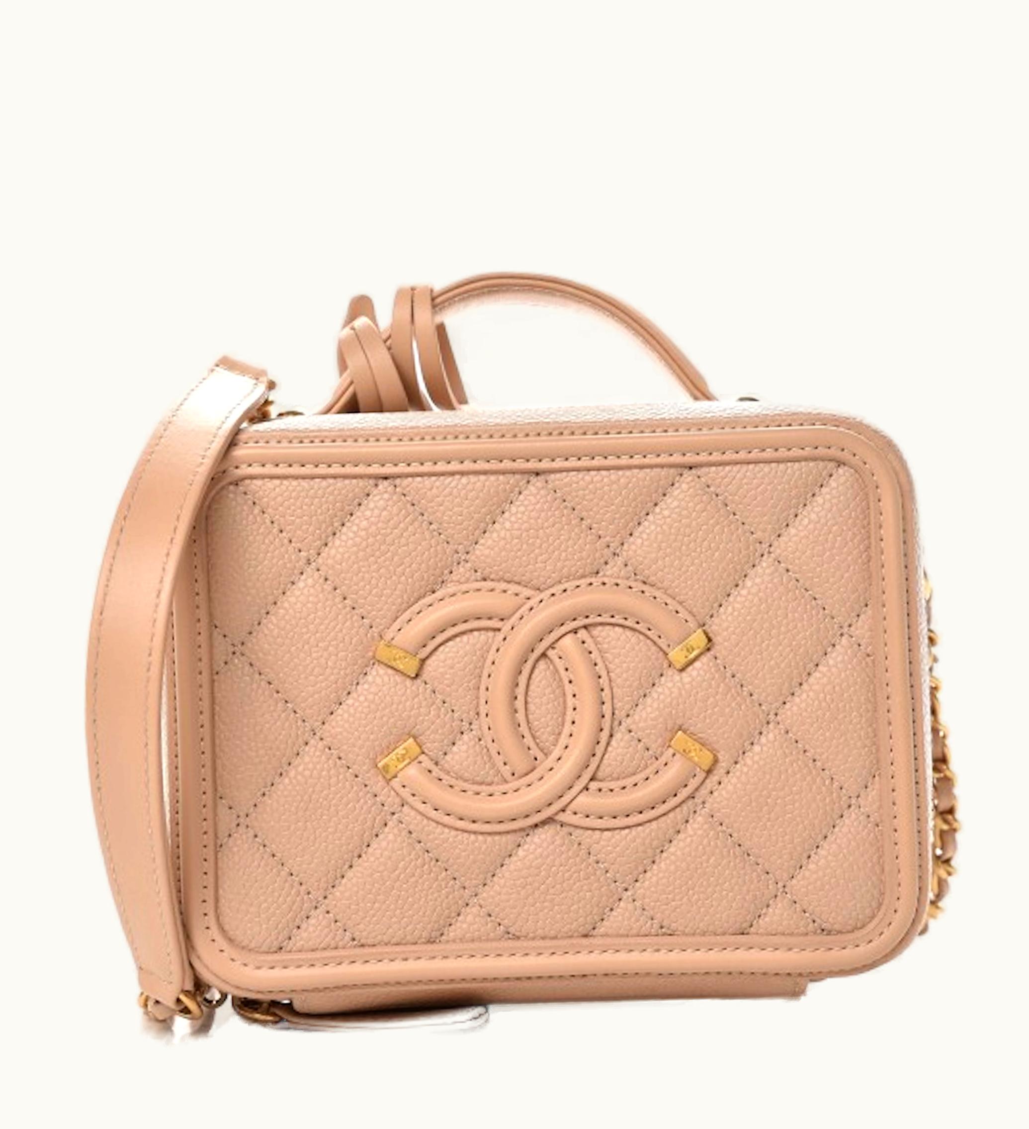 Chanel CC Filigree Vanity Case Quilted Diamond Small Beige