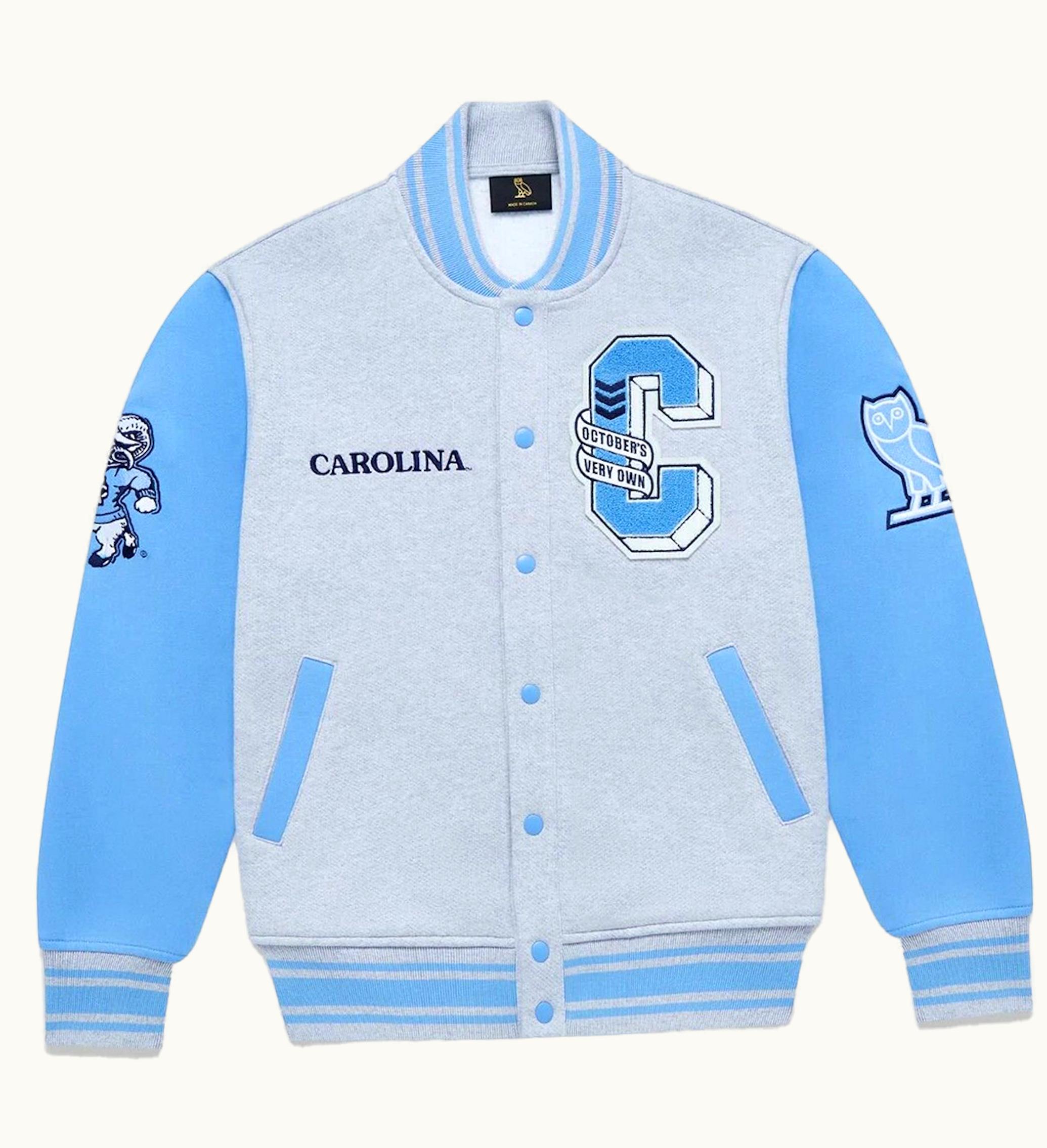 OVO OVO X NCAA North Carolina Tar Heels Fleece Varsity Jacket Heather Grey