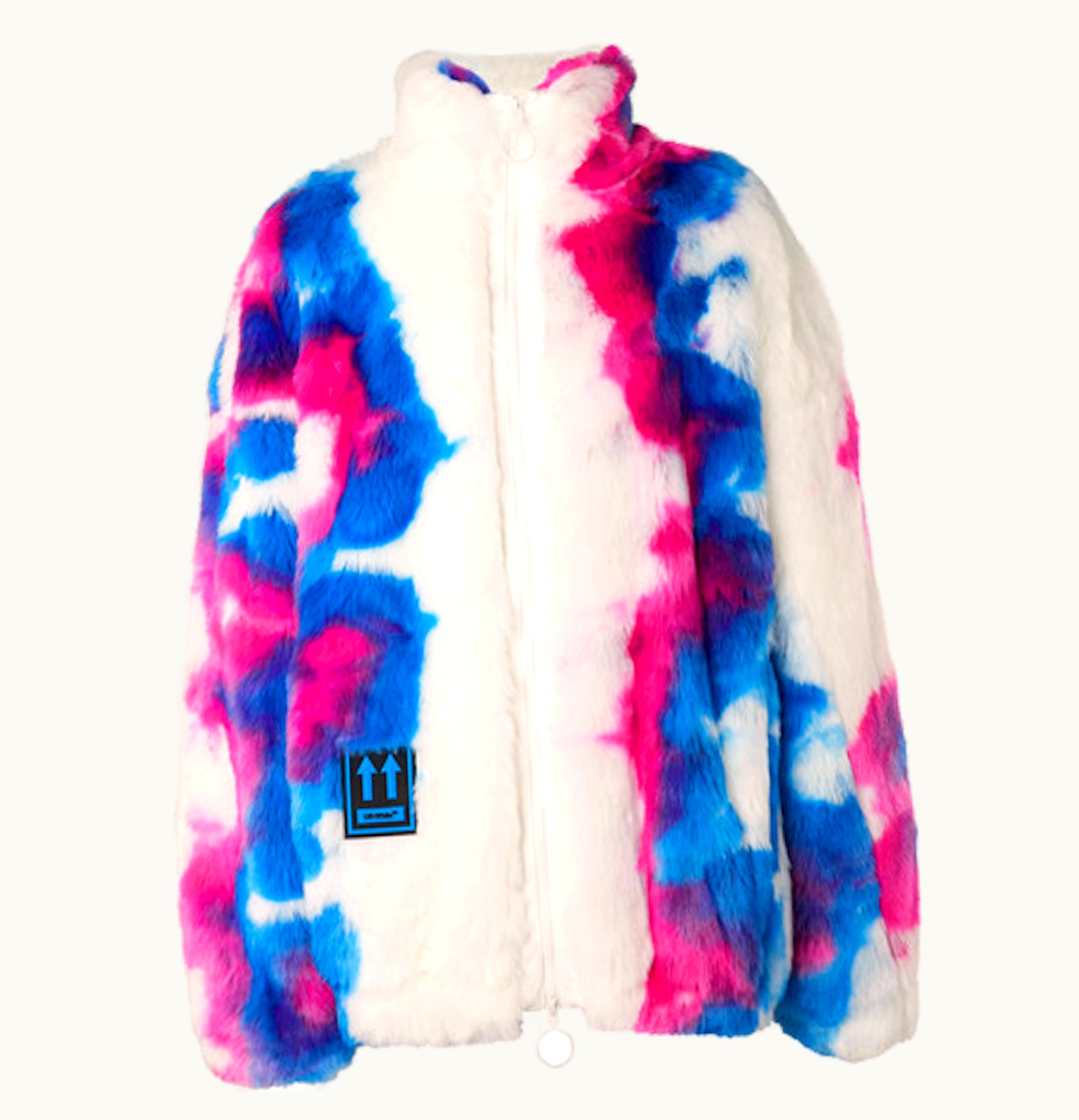 OFF-WHITE OFF-WHITE Oversized Printed Faux Fur Zip Anorak Coat Blue White Red