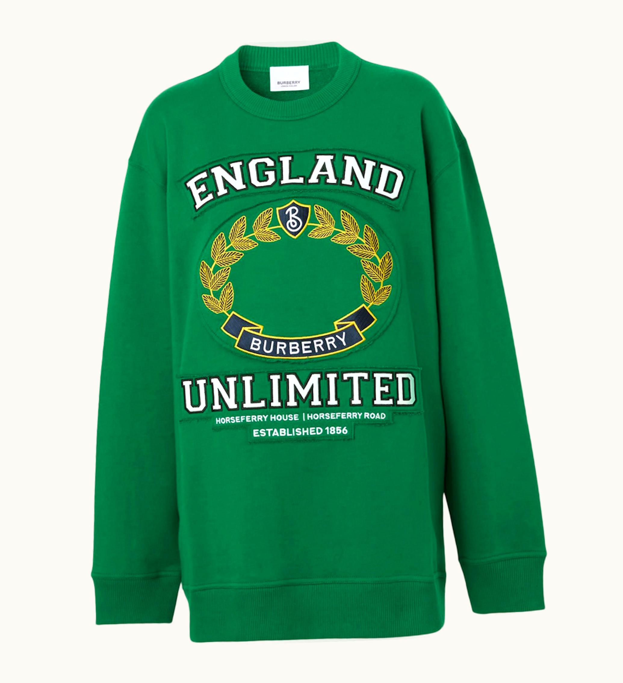 Burberry Womens College Graphic Cotton Oversized Sweatshirt Deep Pine Green Multi