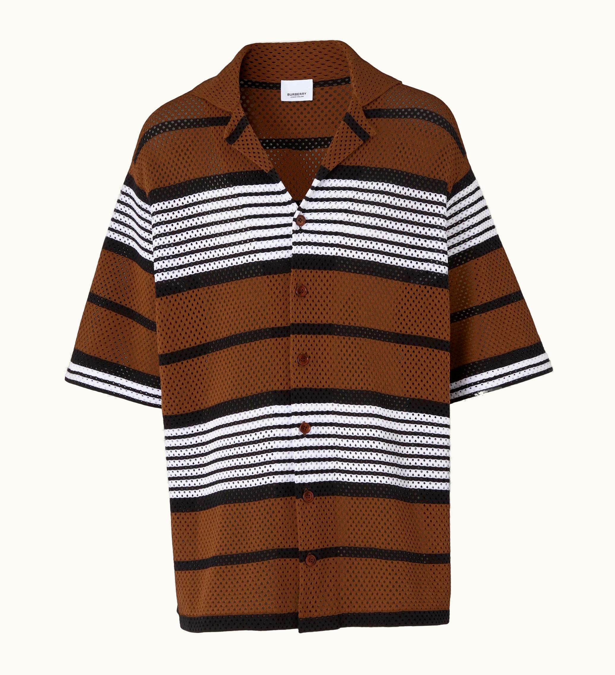 Burberry Short Sleeve Stripe Print Nylon Oversized Shirt Dark Birch Brown