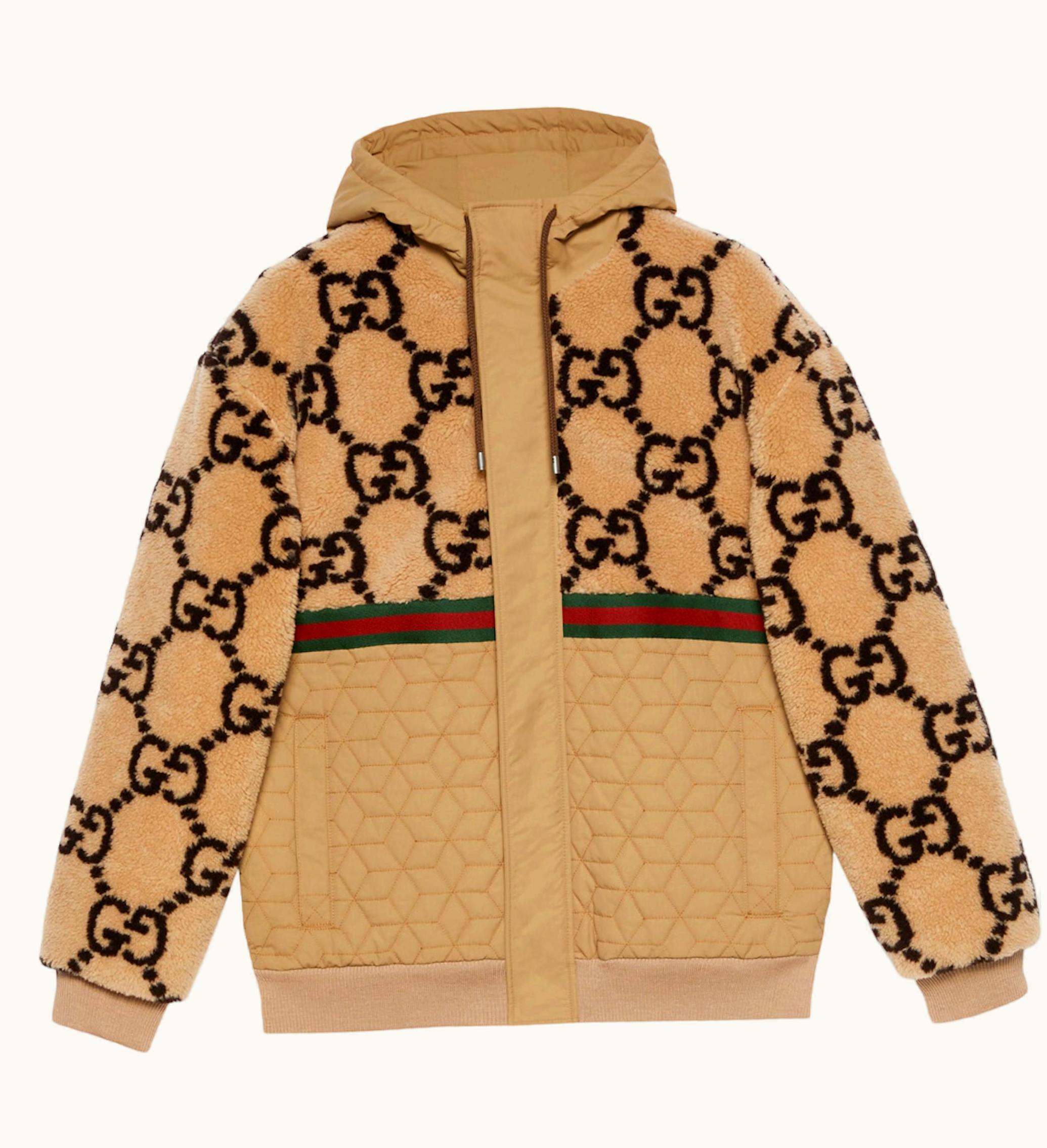 Gucci GG Jacquard Oversized Hooded Wool Jacket Beige Ebony Green Red