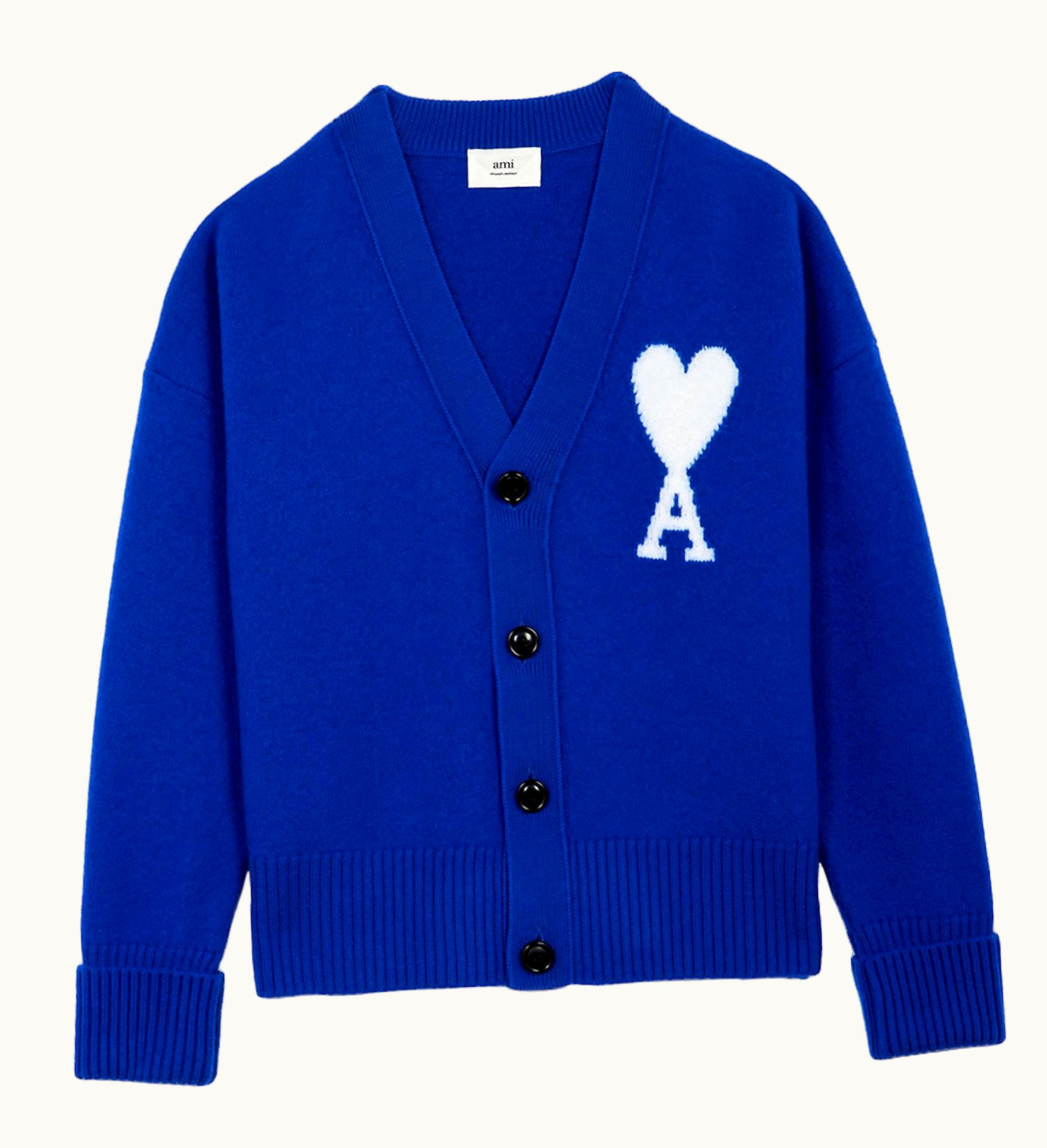 Ami Paris Ami De Coeur Merino Wool Oversize Cardigan Royal Blue White