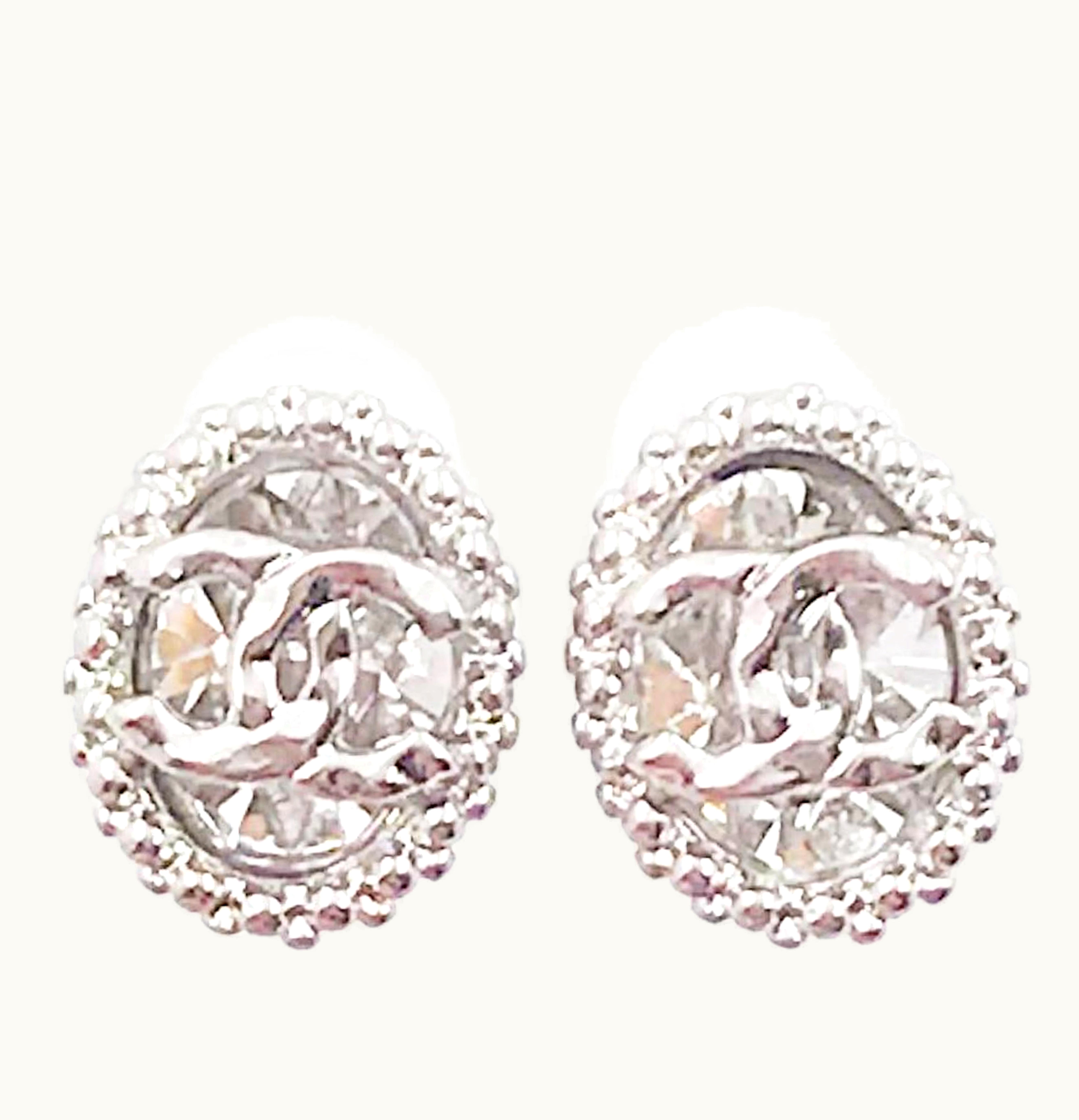 Chanel Oval CC Crystal Earrings Silver