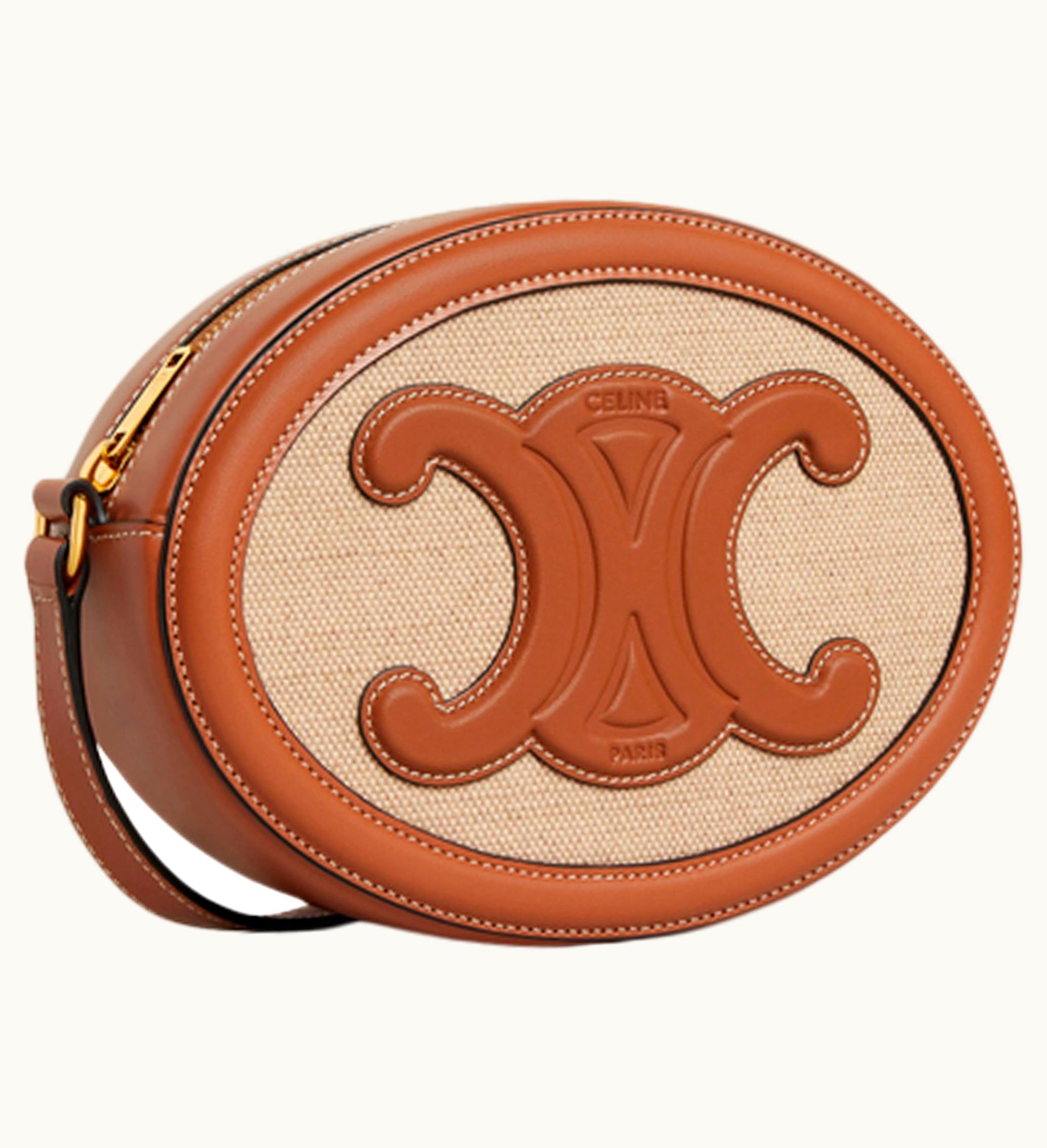 Celine Crossbody Oval Cuir Purse Triomphe Embroidery Natural Tan