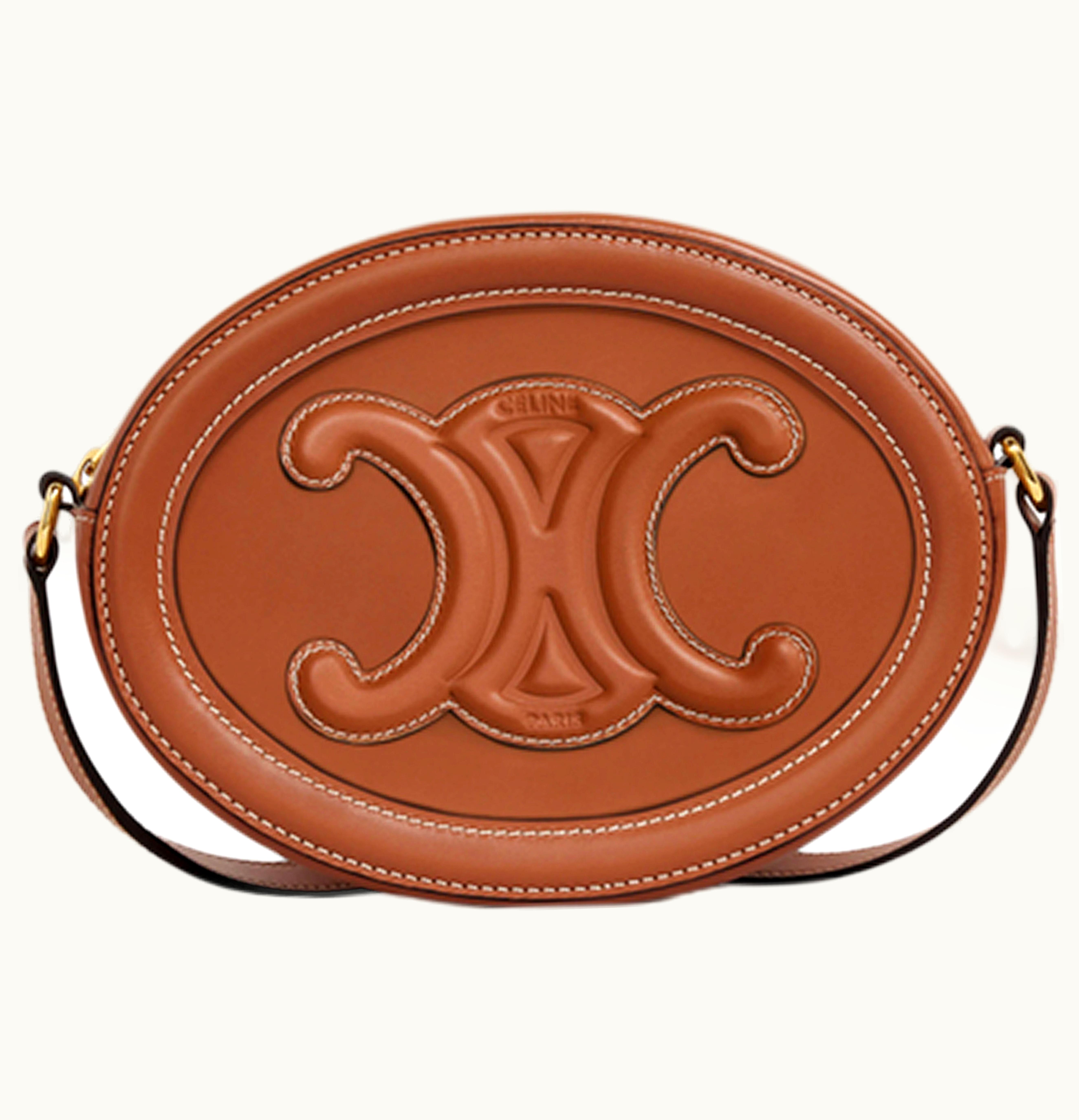 Celine Crossbody Oval Cuir Purse Triomphe Embroidery Tan