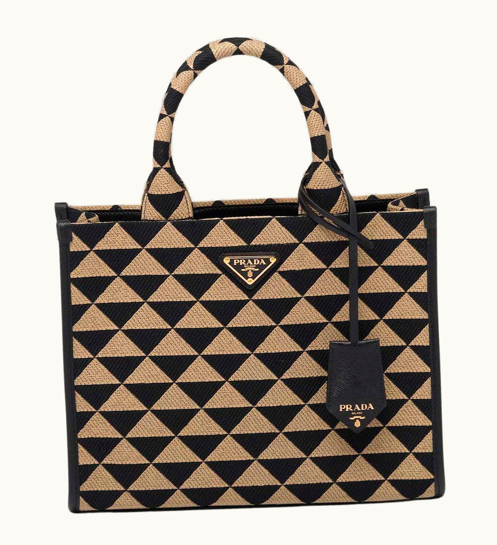 Prada Small Symbole Embroidered Fabric Handbag Black Beige