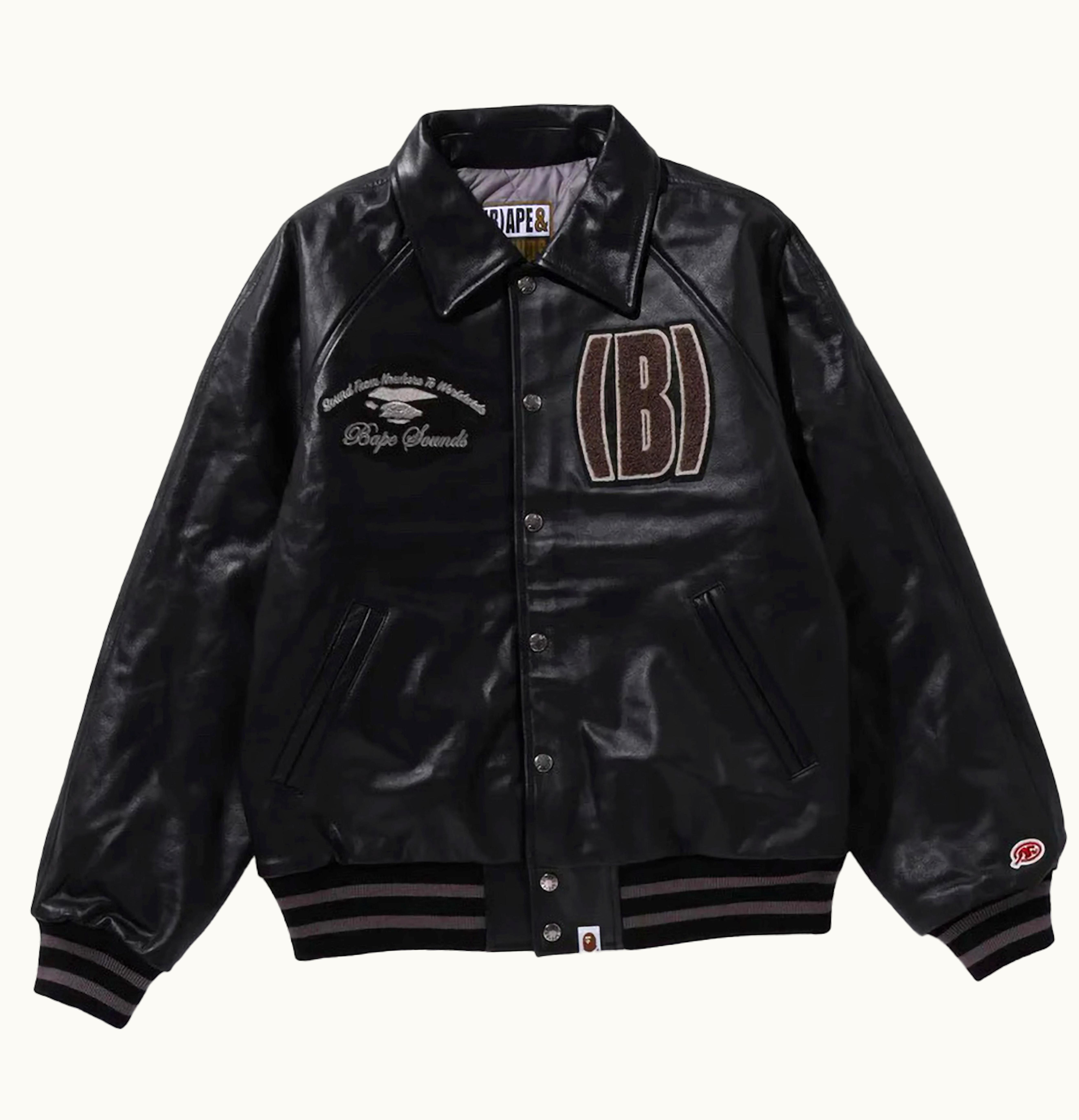 BAPE BAPE BAPE Leather Varsity Jacket Black