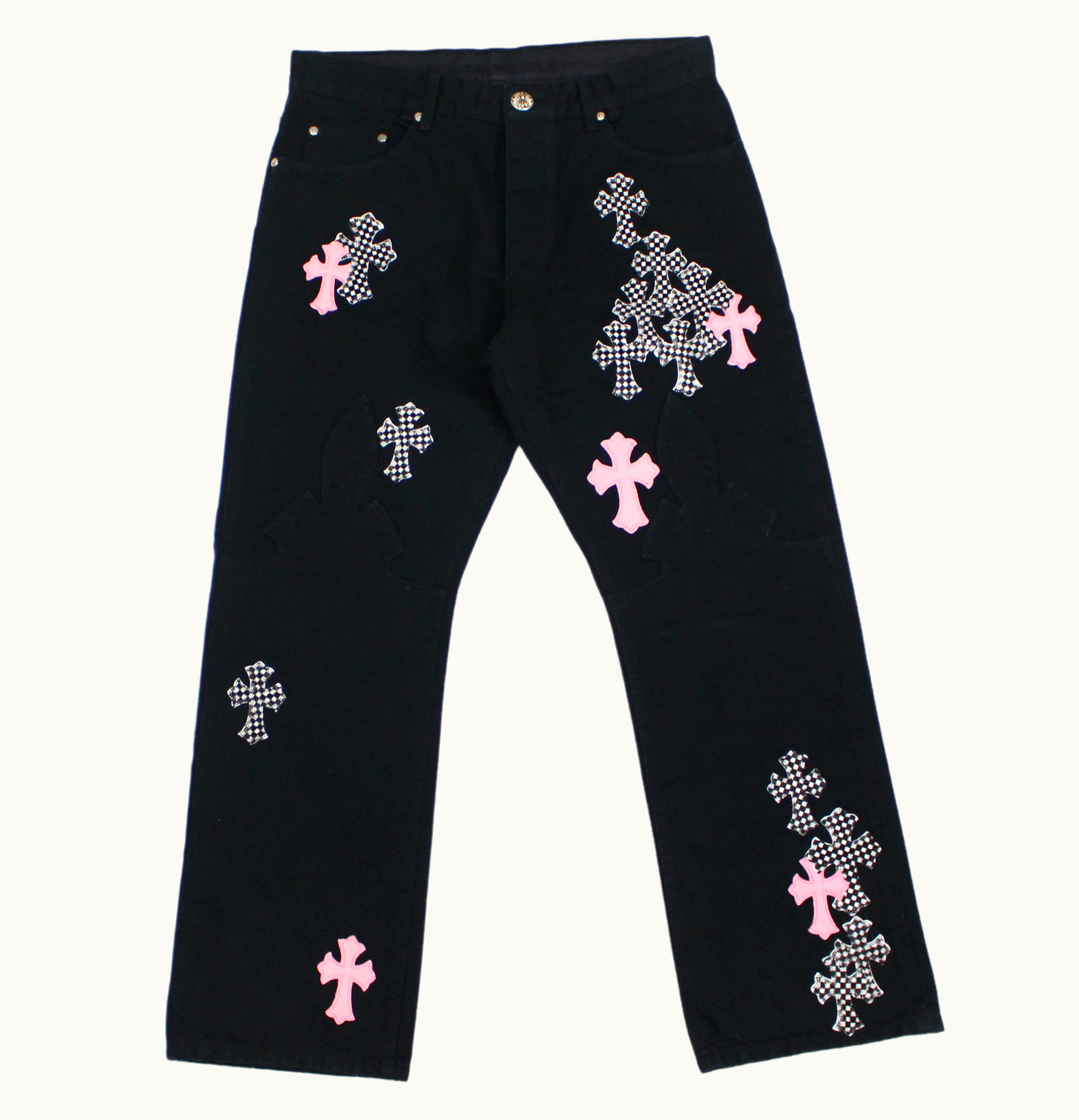 Chrome Hearts Chrome Hearts Pink Checkered Cross Patch Fleurknee Jeans Black