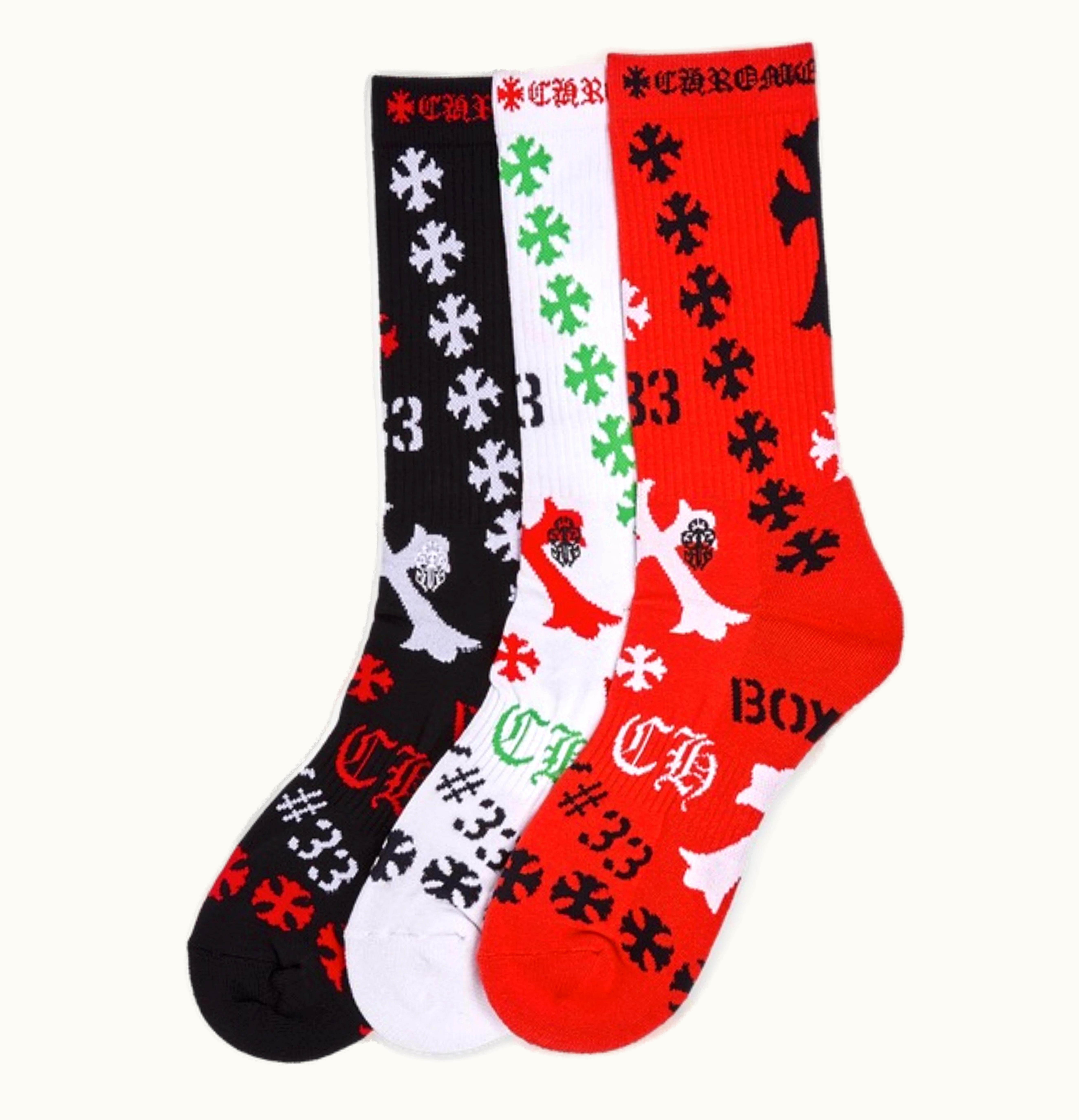 Chrome Hearts Chrome Hearts Stencil Socks 3 Pack Black White Red