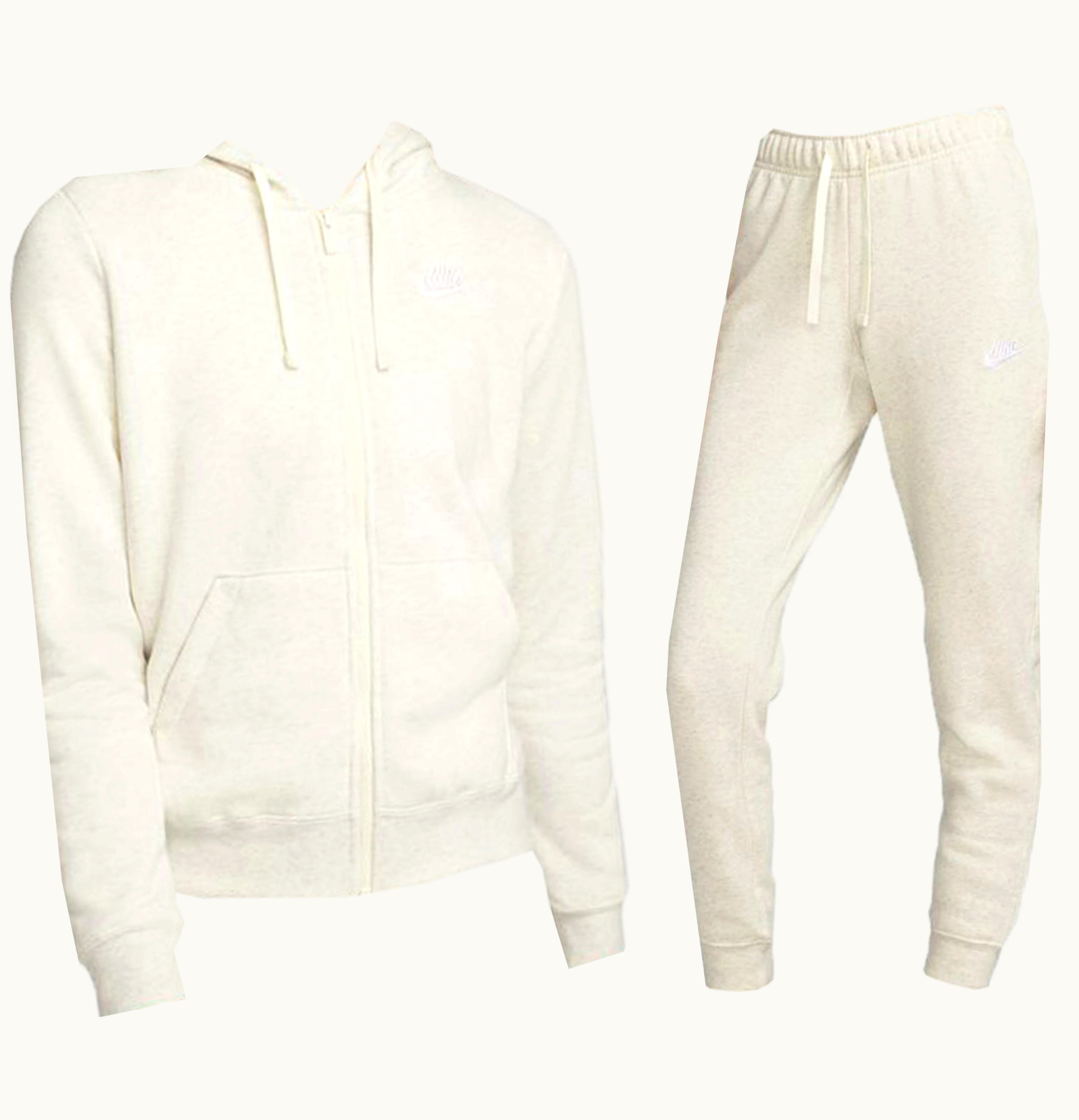 Nike Sportswear Club Fleece Full Zip Hoodie Joggers Set Oatmeal Heather White