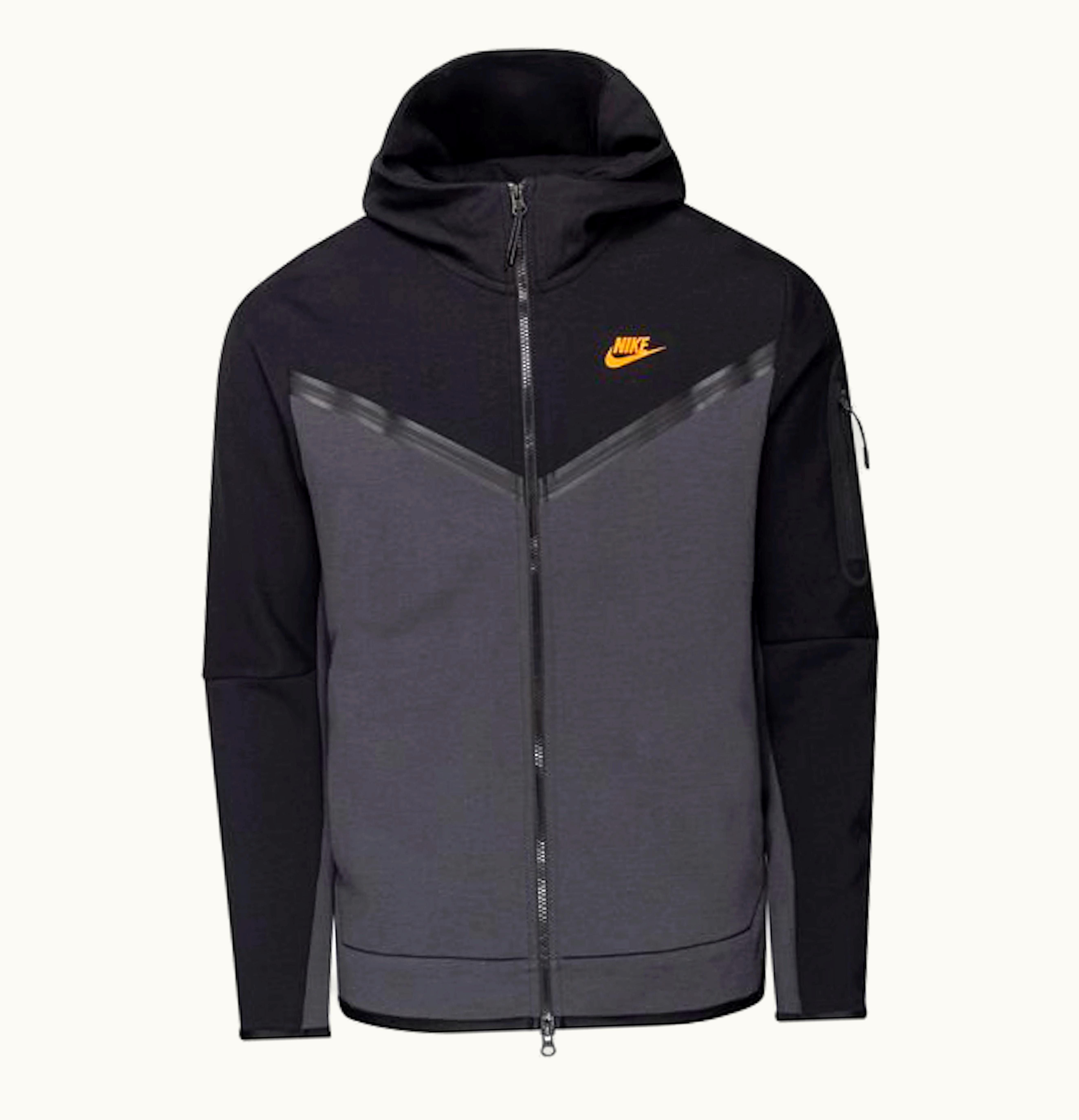 Nike Sportswear Tech Fleece Full Zip Hoodie Dark Smoke Grey Black Safety Orange