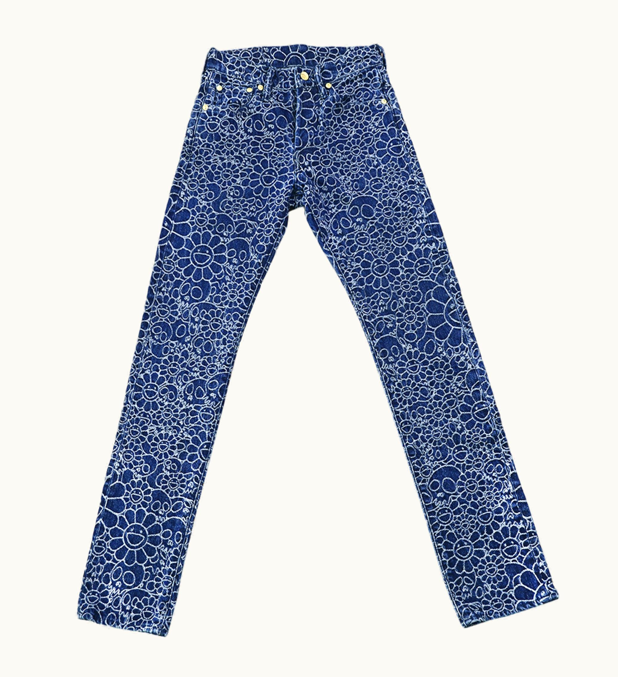 Takashi Murakami Flowers And Skulls Jacquard Denim Pants Dark Blue