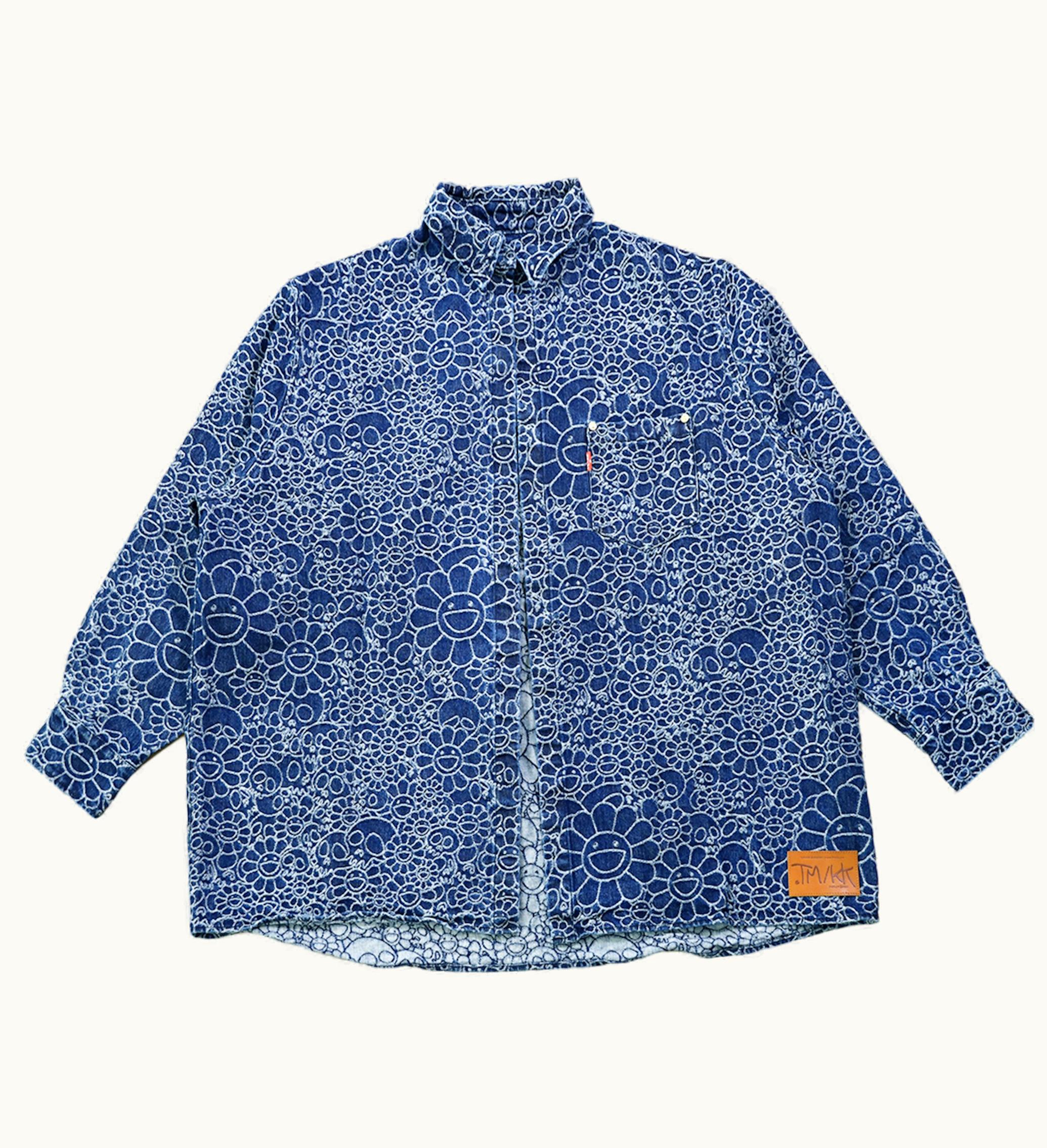 Takashi Murakami Flowers And Skulls Jacquard Denim Haori Shirt Dark Blue