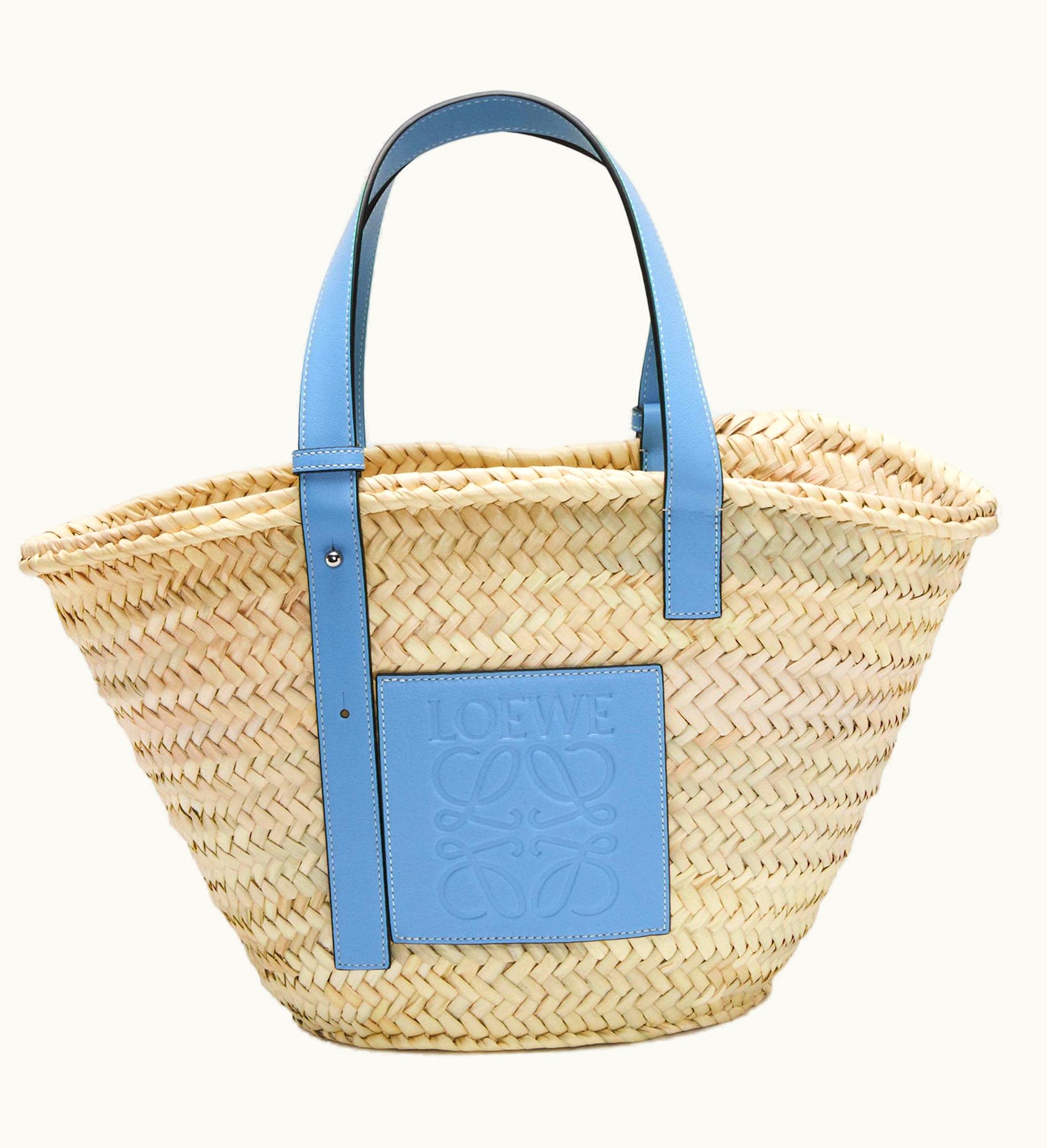 LOEWE Loewe X Howls Basket Bag In Palm Leaf And Calfskin Light Blue