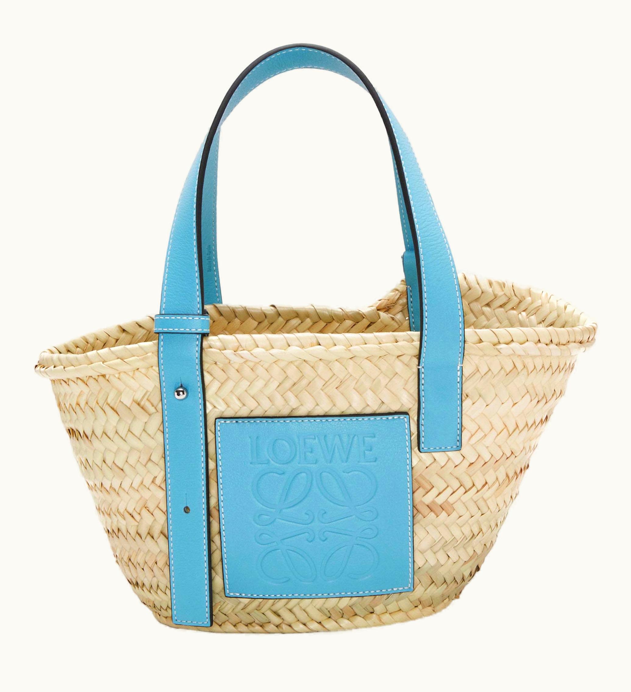 LOEWE Loewe X Howls Small Basket Bag In Palm Leaf And Calfskin Light Blue