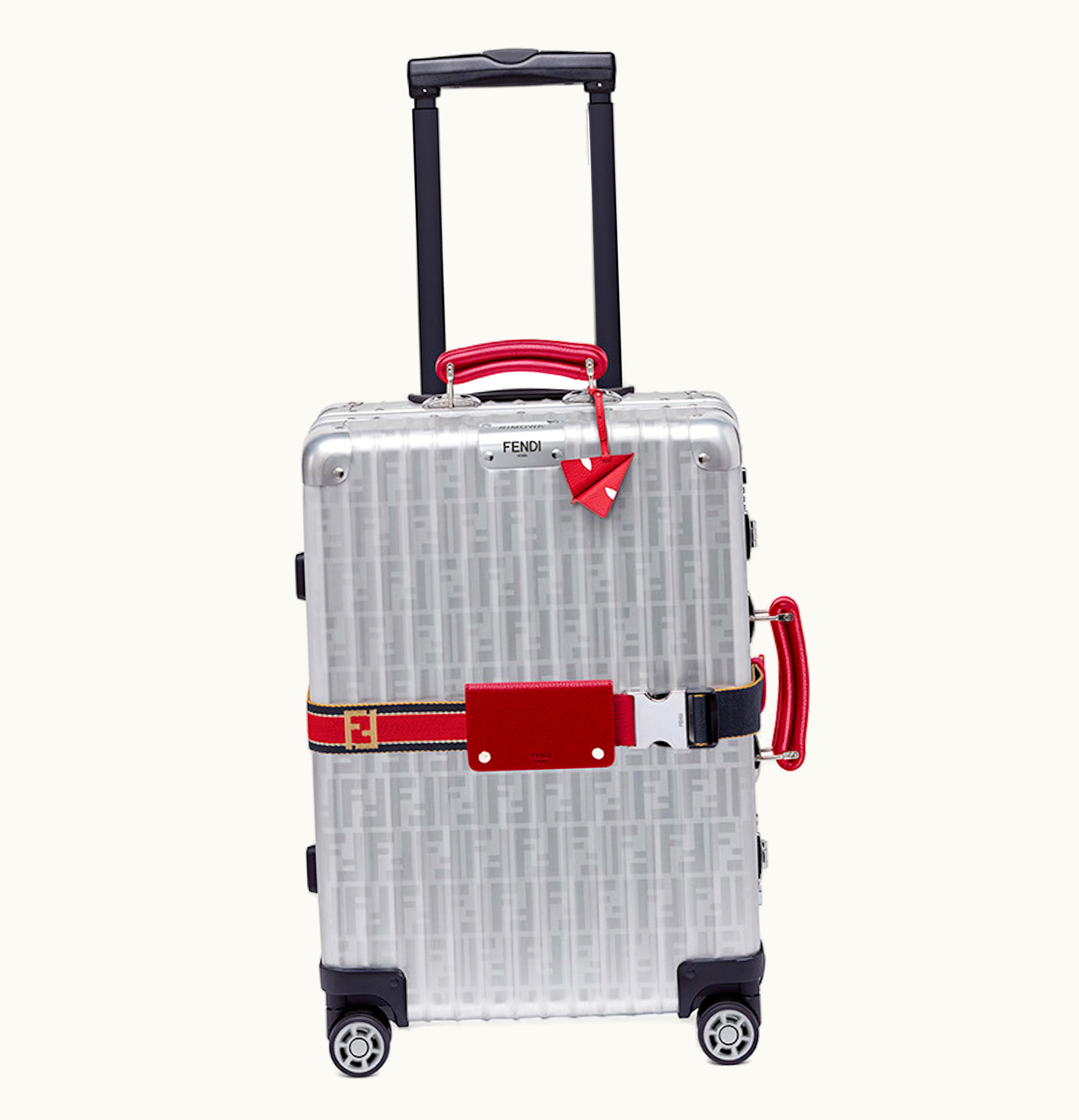 Fendi X Rimowa Cabin Trolley Luggage Zucca Red Web Belt Silver