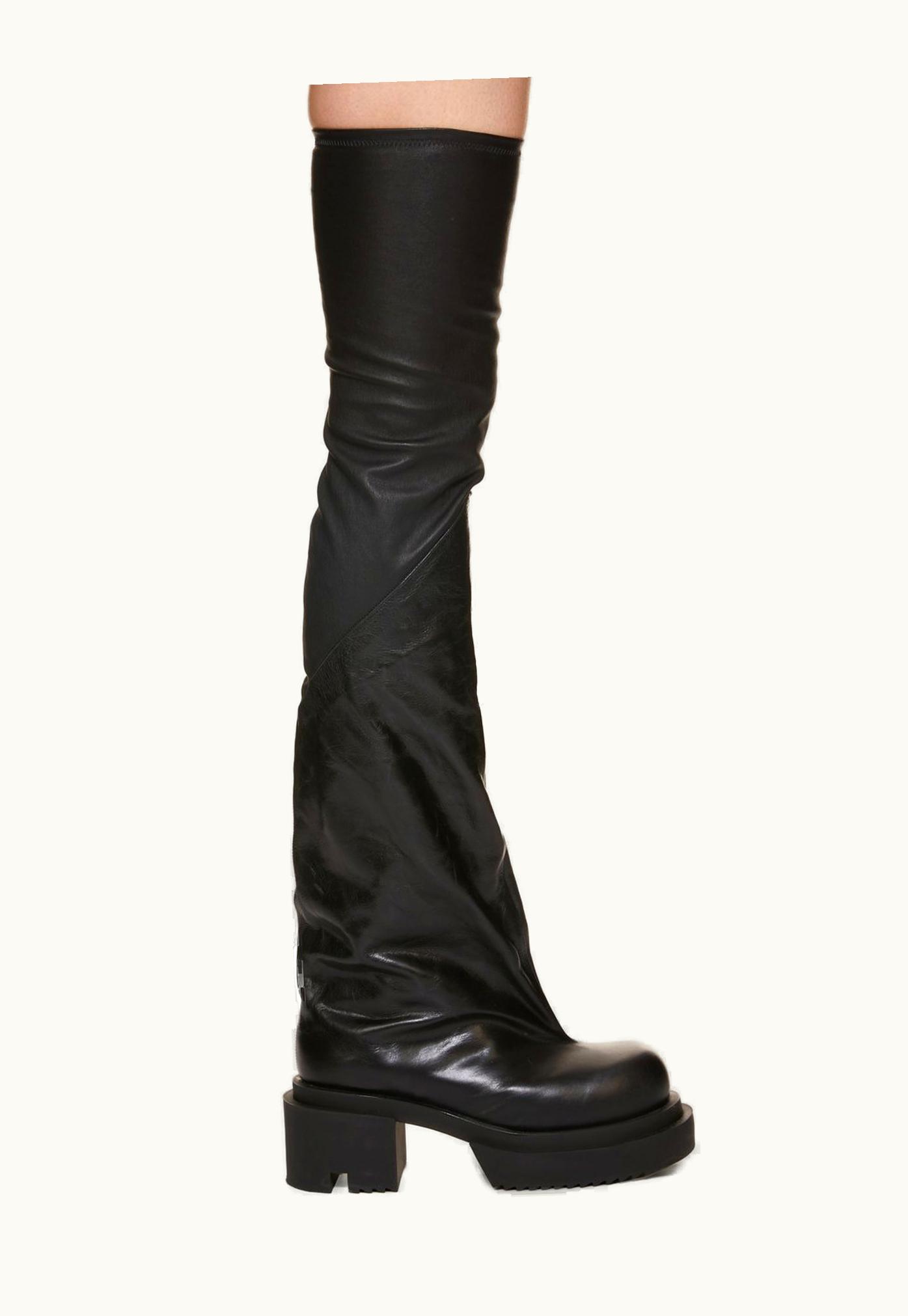 Rick Owens Rick Owens FW23 Luxor Flared Bogun Mid Thigh Boots in Black Lamb Leather and Glossy Calf Leather