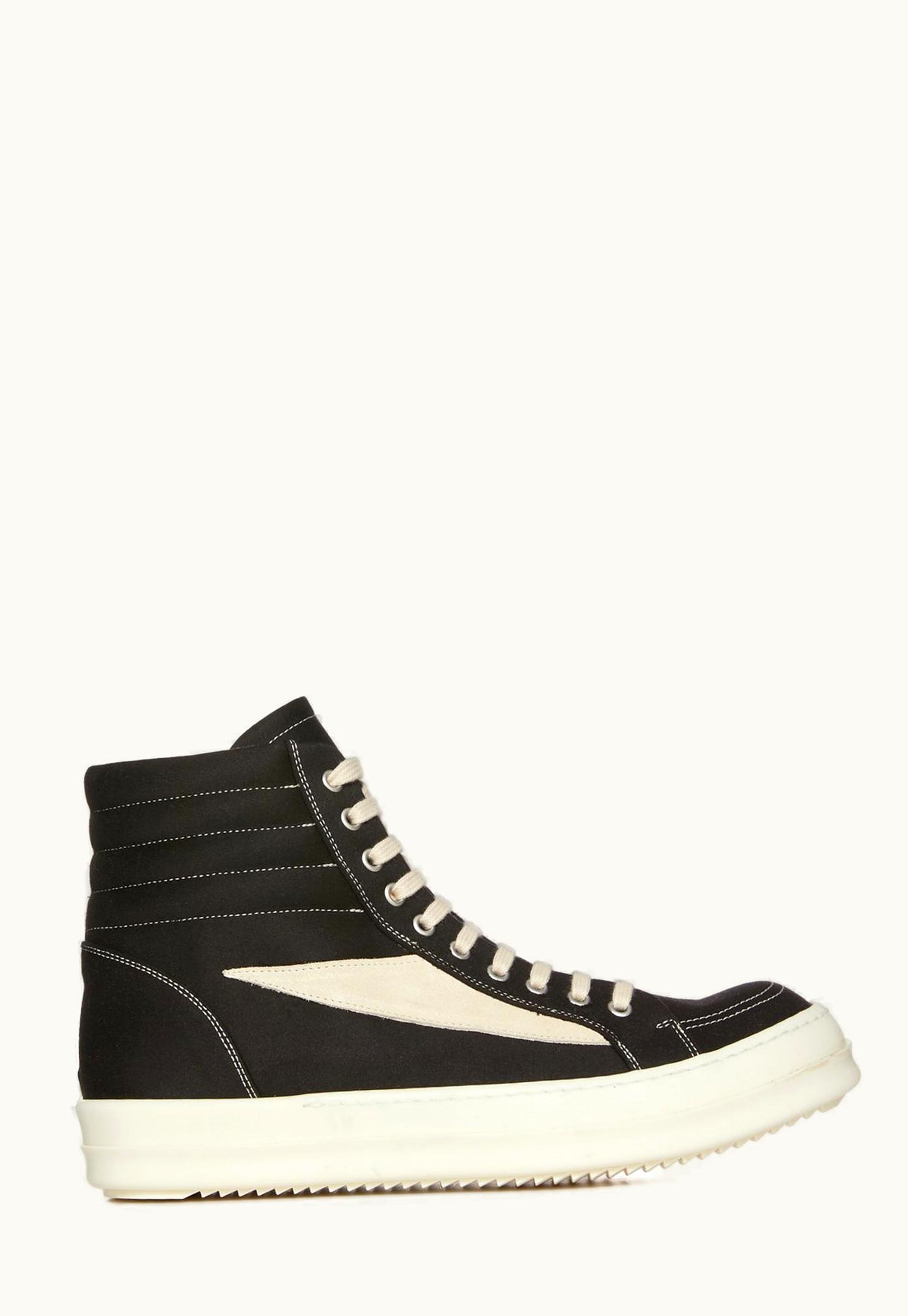 Rick Owens Rick Owens DRKSHDW SS24 Lido High Vintage Sneakers in Black/Milk/Milk Doeskin and Velour Suede