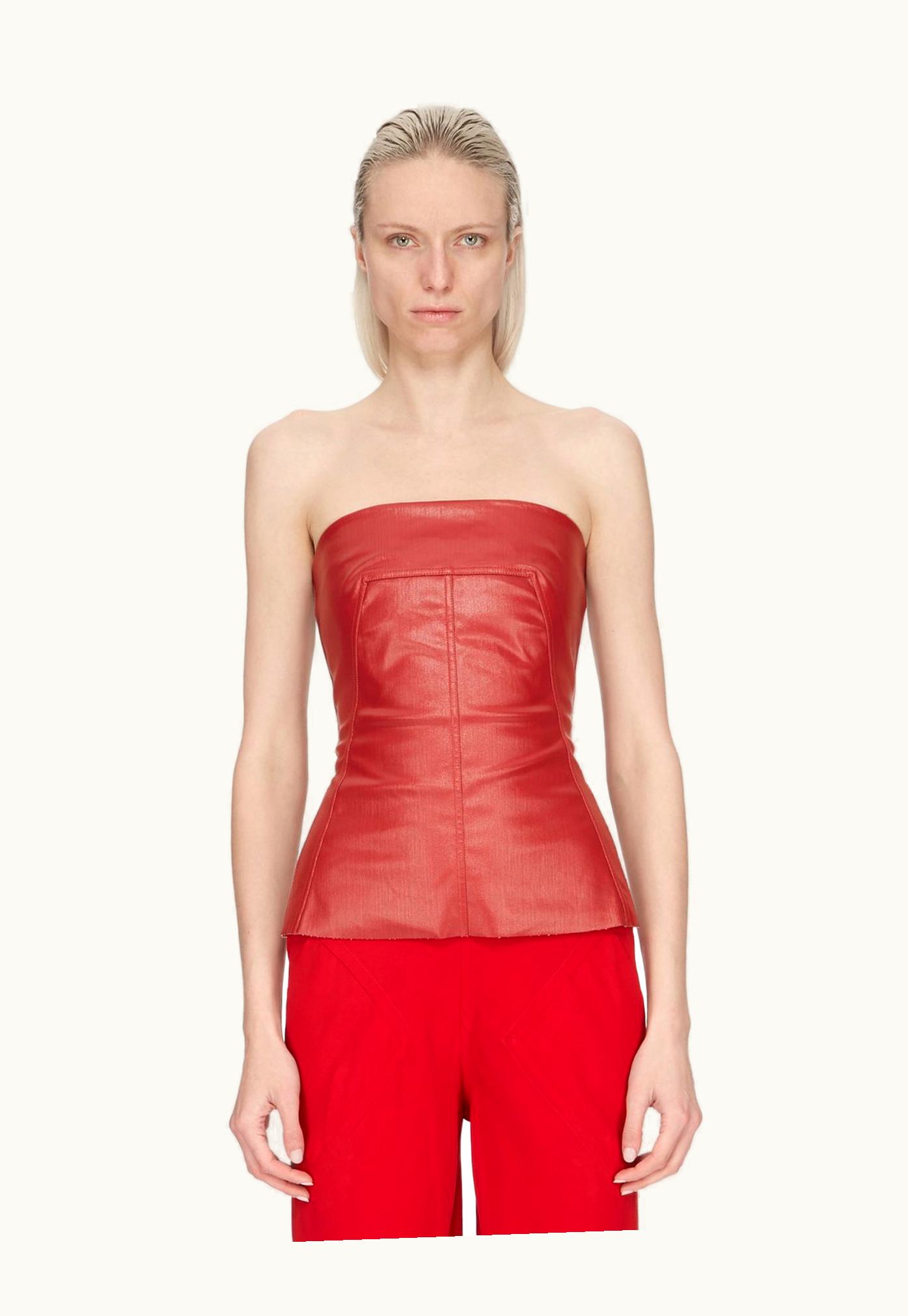 Rick Owens Rick Owens SS24 Lido Bustier Top In Cardinal Red Coated Stretch Denim