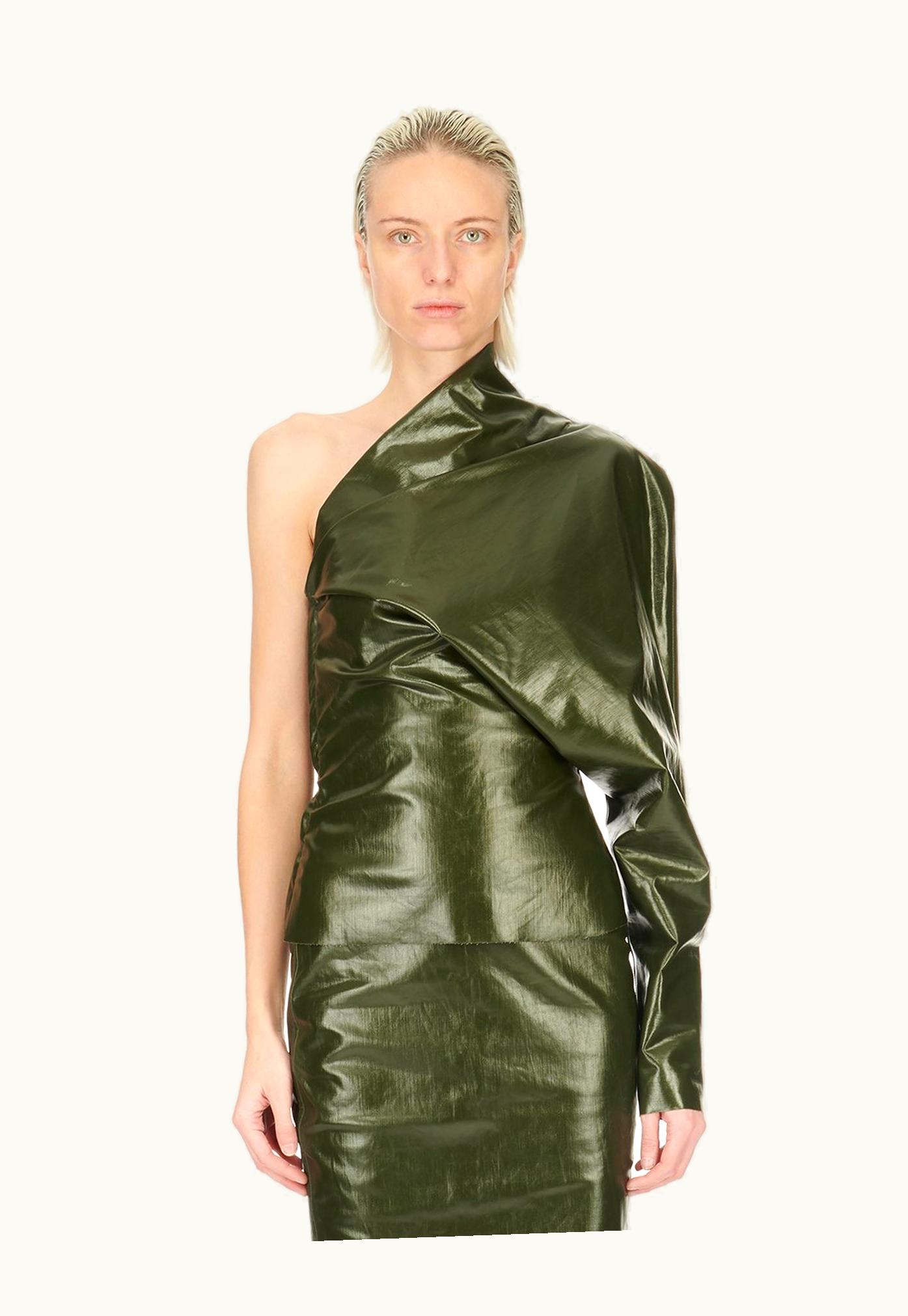 Rick Owens Rick Owens FW23 Luxor Runway One Sleeve Top In Lacquered Stretch Denim