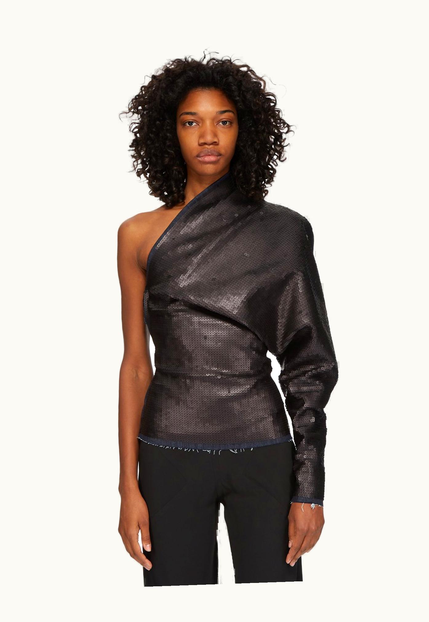 Rick Owens Rick Owens FW23 Luxor Runway One Sleeve Top In Blue And Black Sequin Embroidered Stretch Denim