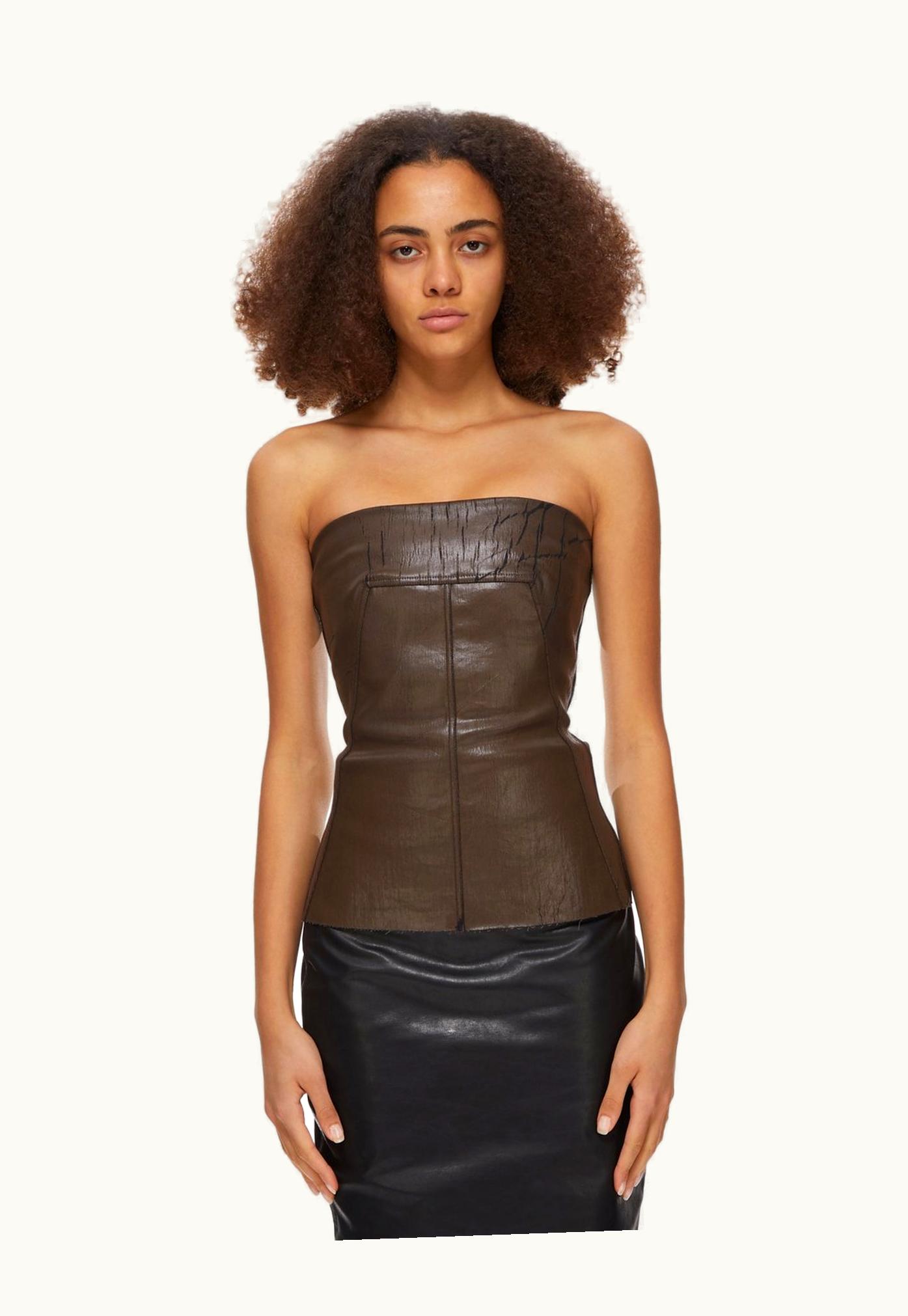 Rick Owens Rick Owens FW23 Luxor Bustier Top In Brown Cracked Stretch Denim