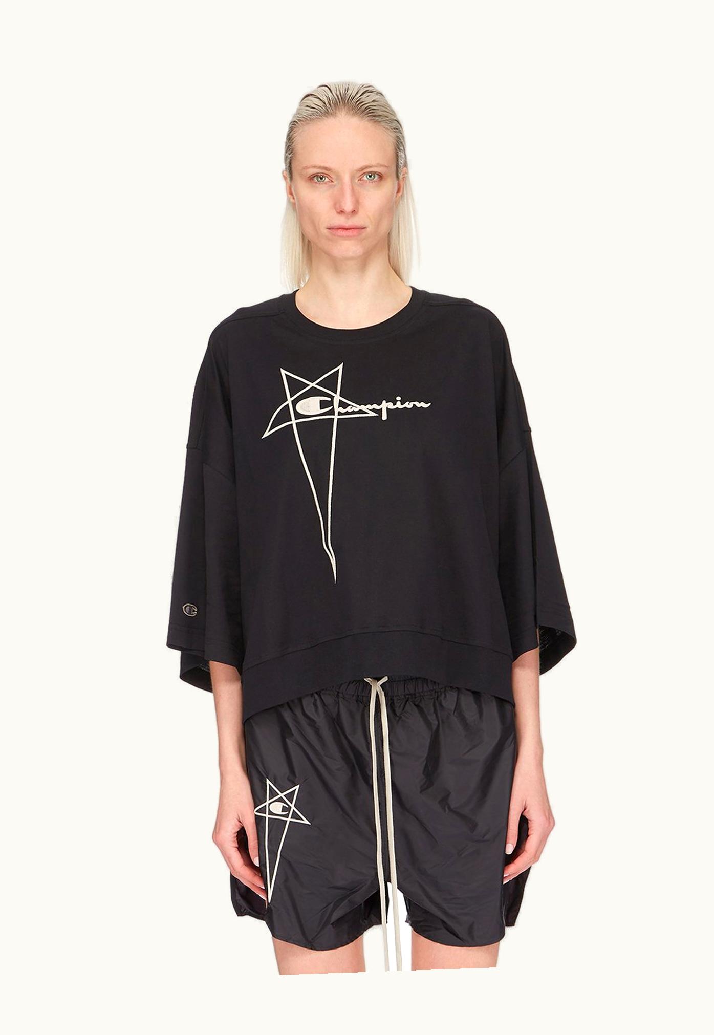 Rick Owens Champion X Rick Owens Tommy T Cropped In Black Medium Weight Cotton Jersey