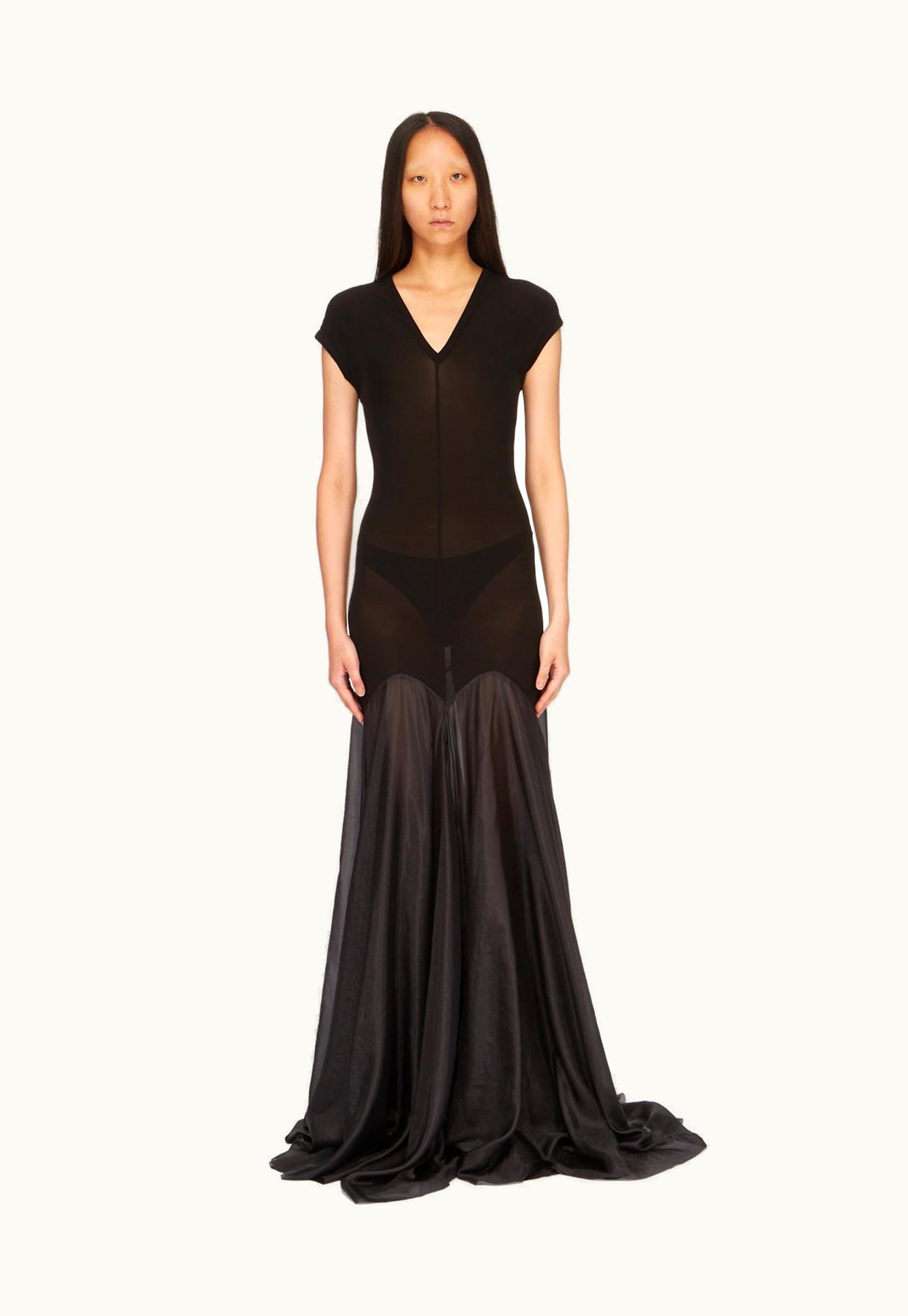 Rick Owens Rick Owens SS24 Lido Lido Divine Gown In Black Heavy Stretch Cupro Jersey And Washed Silk Habotai