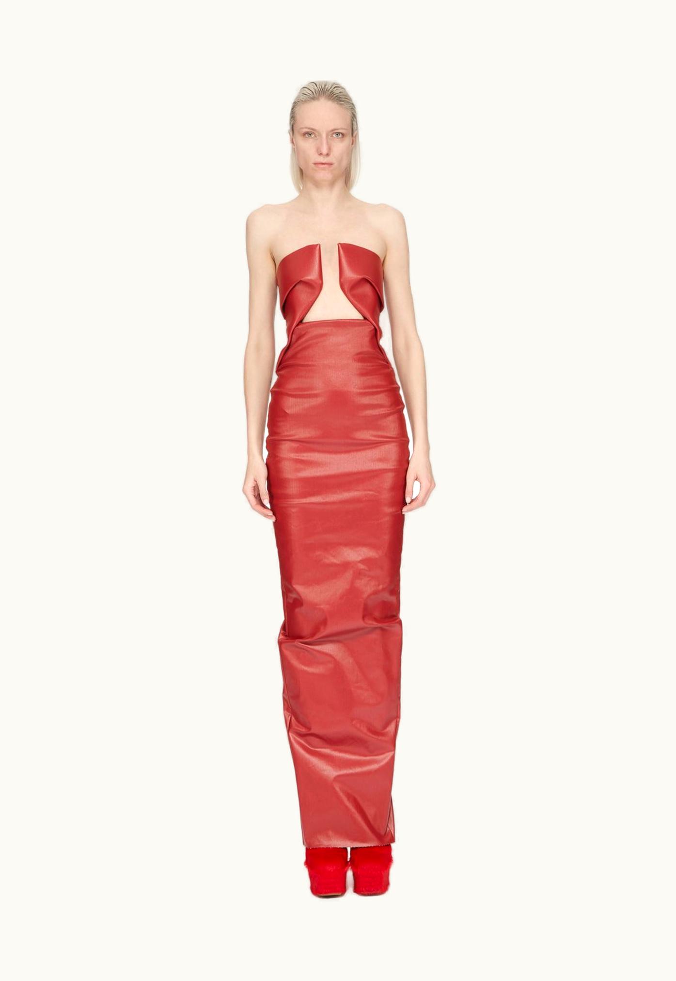 Rick Owens Rick Owens SS24 Lido Prong Gown In Cardinal Red Coated Stretch Denim