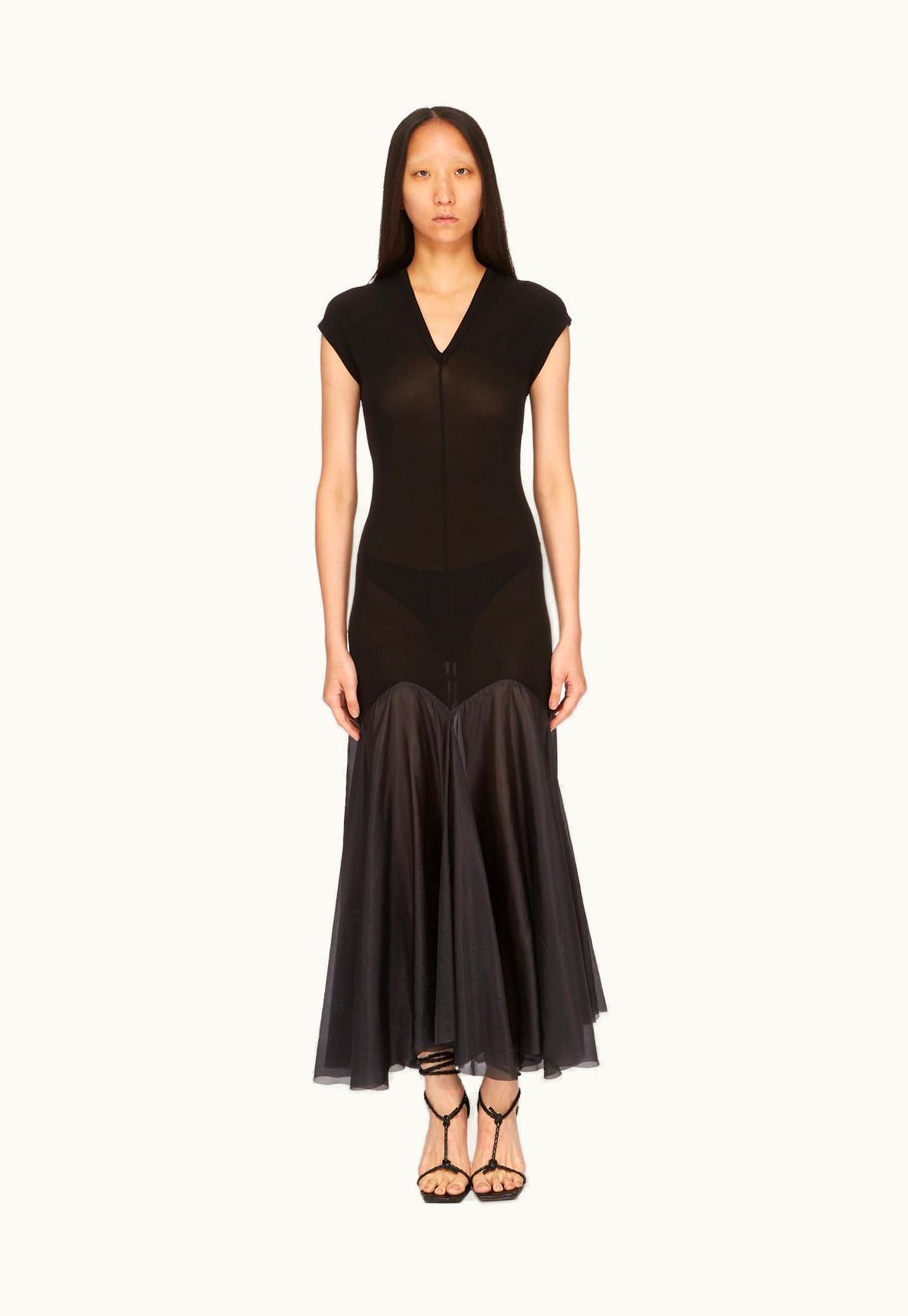 Rick Owens Rick Owens SS24 Lido Lido Divine Dress In Black Heavy Stretch Cupro Jersey And Washed Silk Habotai