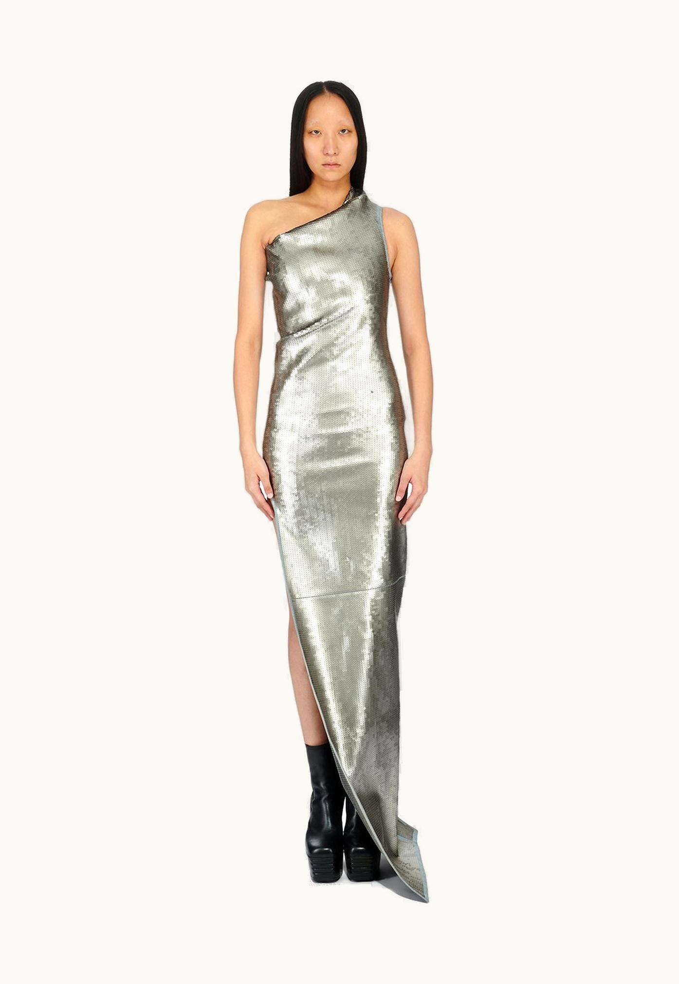 Rick Owens Rick Owens FW23 Luxor Athena Gown In Blue And Pearl Sequin Embroidered Stretch Denim
