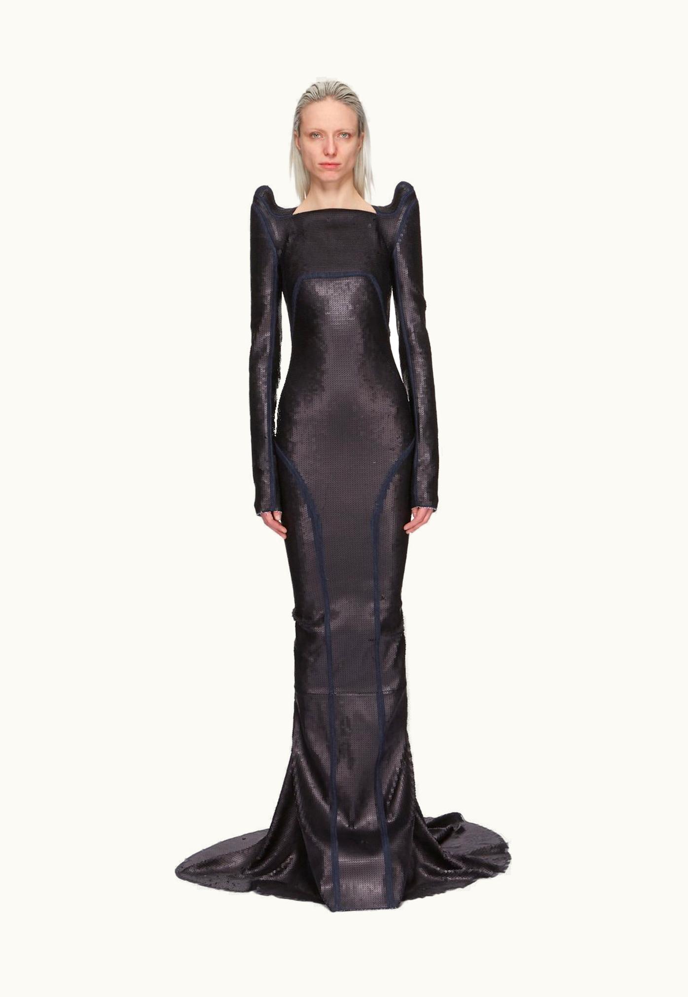 Rick Owens Rick Owens FW23 Luxor Runway Tec Gown In Blue And Black Sequin Embroidered Stretch Denim