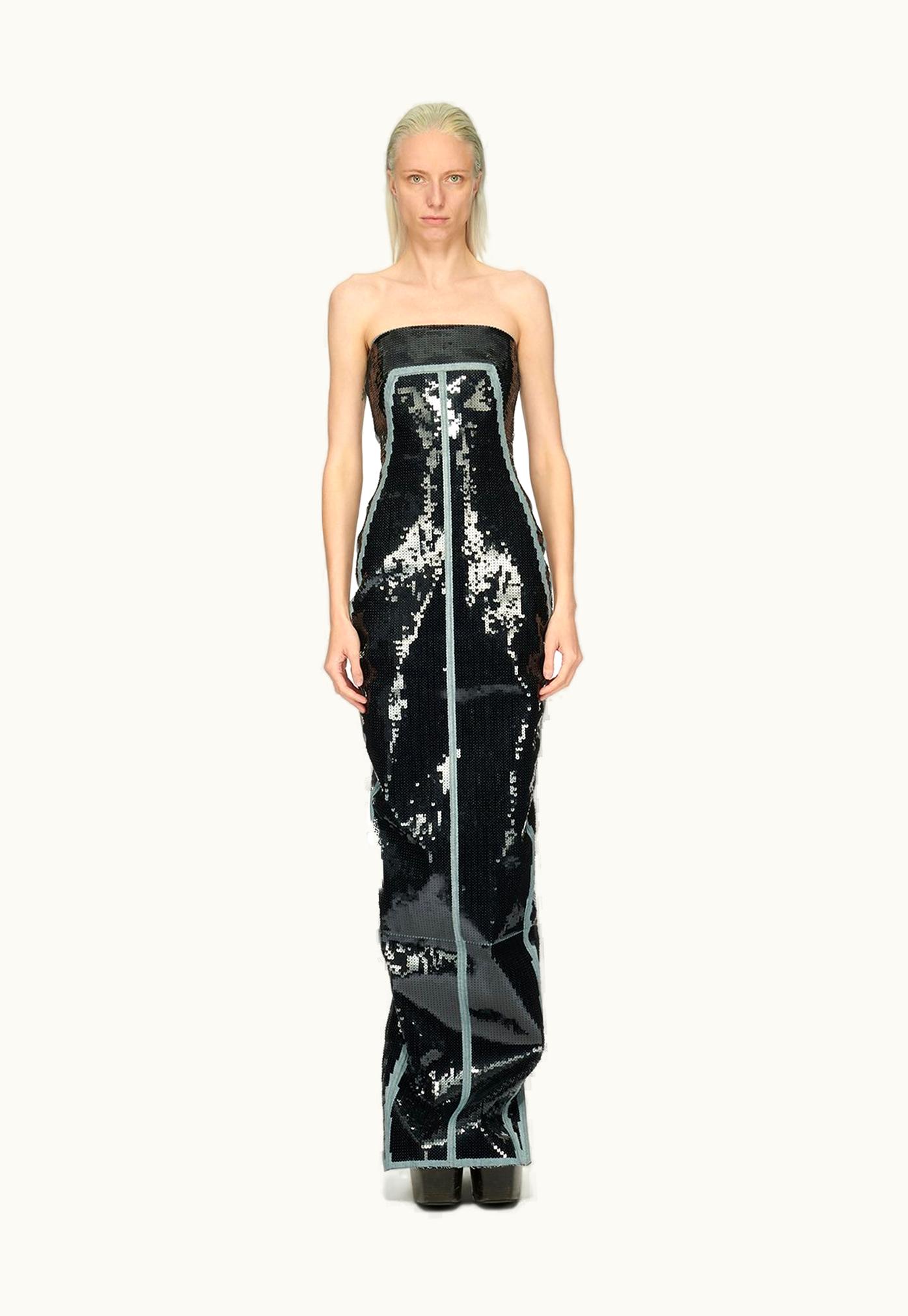 Rick Owens Rick Owens FW23 Luxor Bustier Gown In Blue And Black Sequin Embroidered Stretch Denim