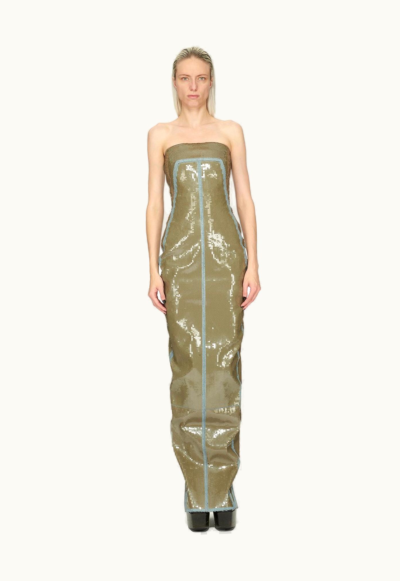 Rick Owens Rick Owens FW23 Luxor Bustier Gown In Blue And Dust Sequin Embroidered Stretch Denim
