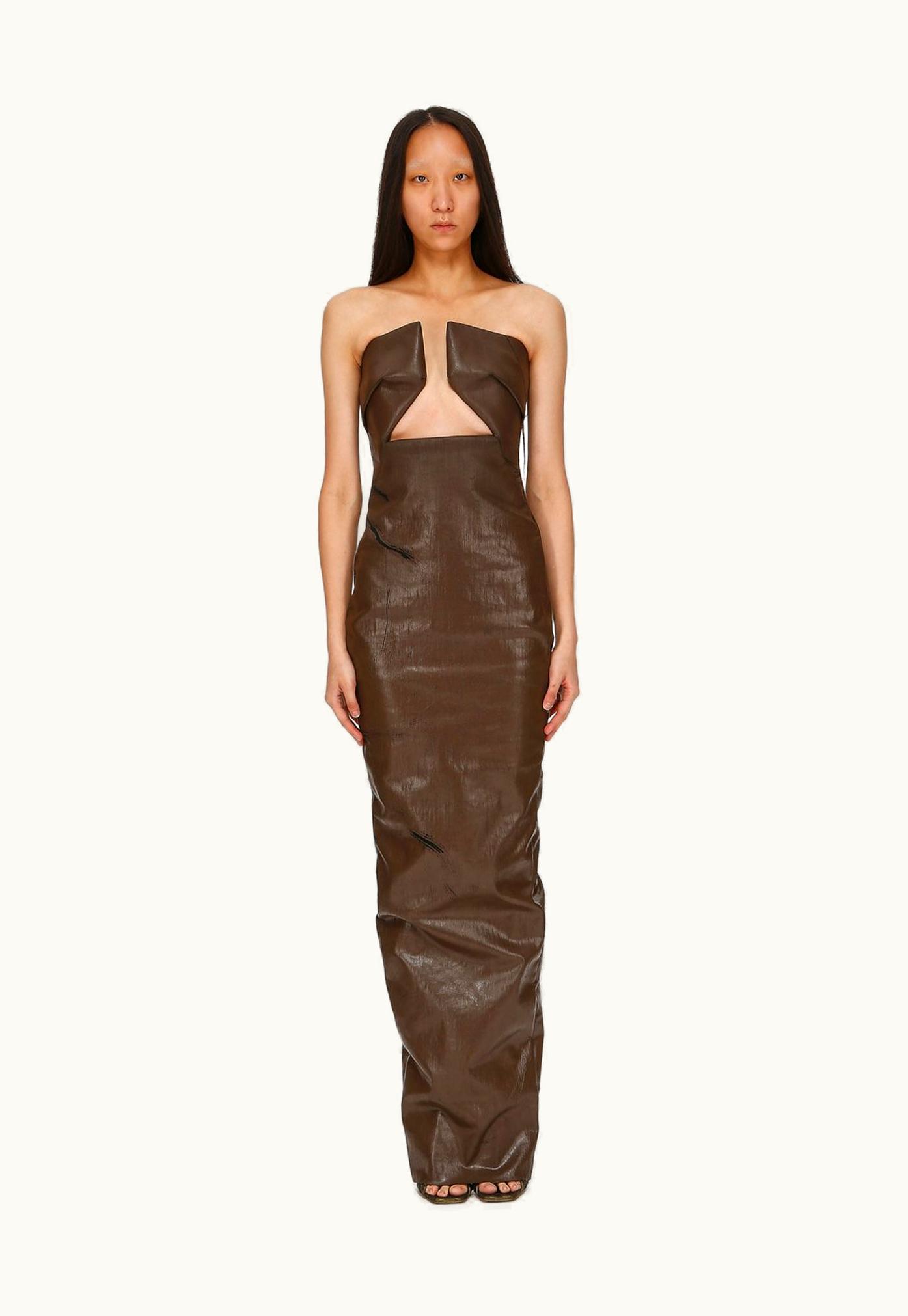 Rick Owens Rick Owens FW23 Luxor Prong Gown In Brown Cracked Stretch Denim