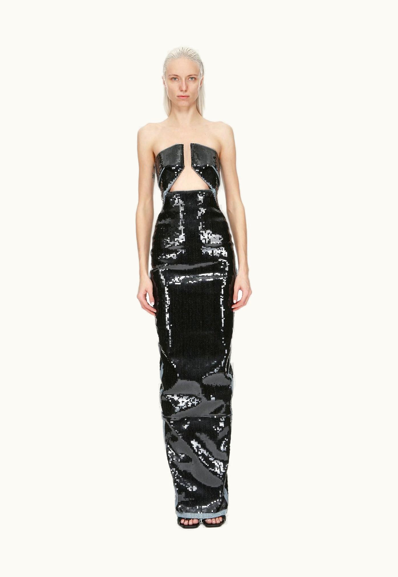 Rick Owens Rick Owens FW23 Luxor Prong Gown In Blue And Black Sequin Embroidered Stretch Denim