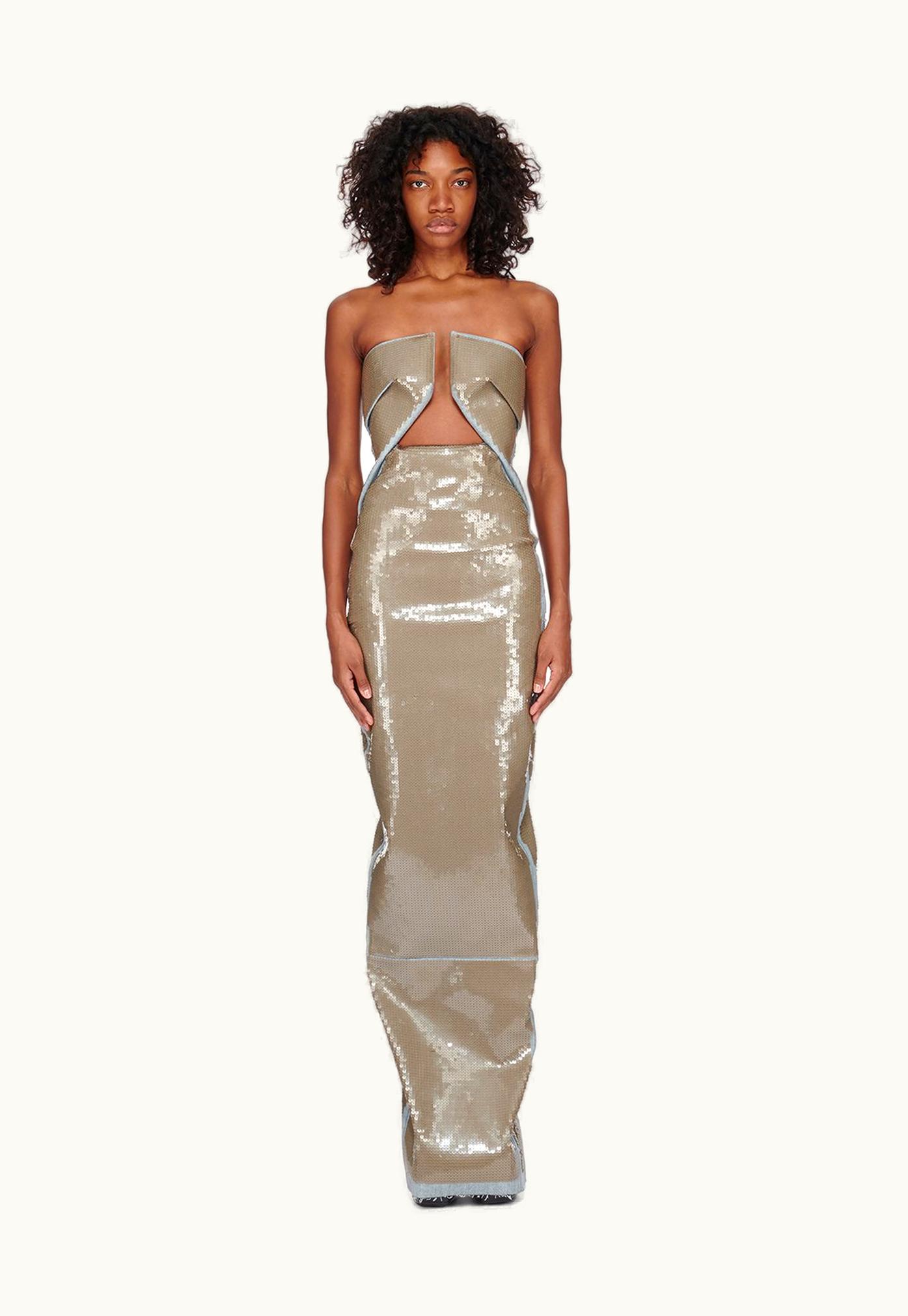 Rick Owens Rick Owens FW23 Luxor Prong Gown In Blue And Dust Sequin Embroidered Stretch Denim