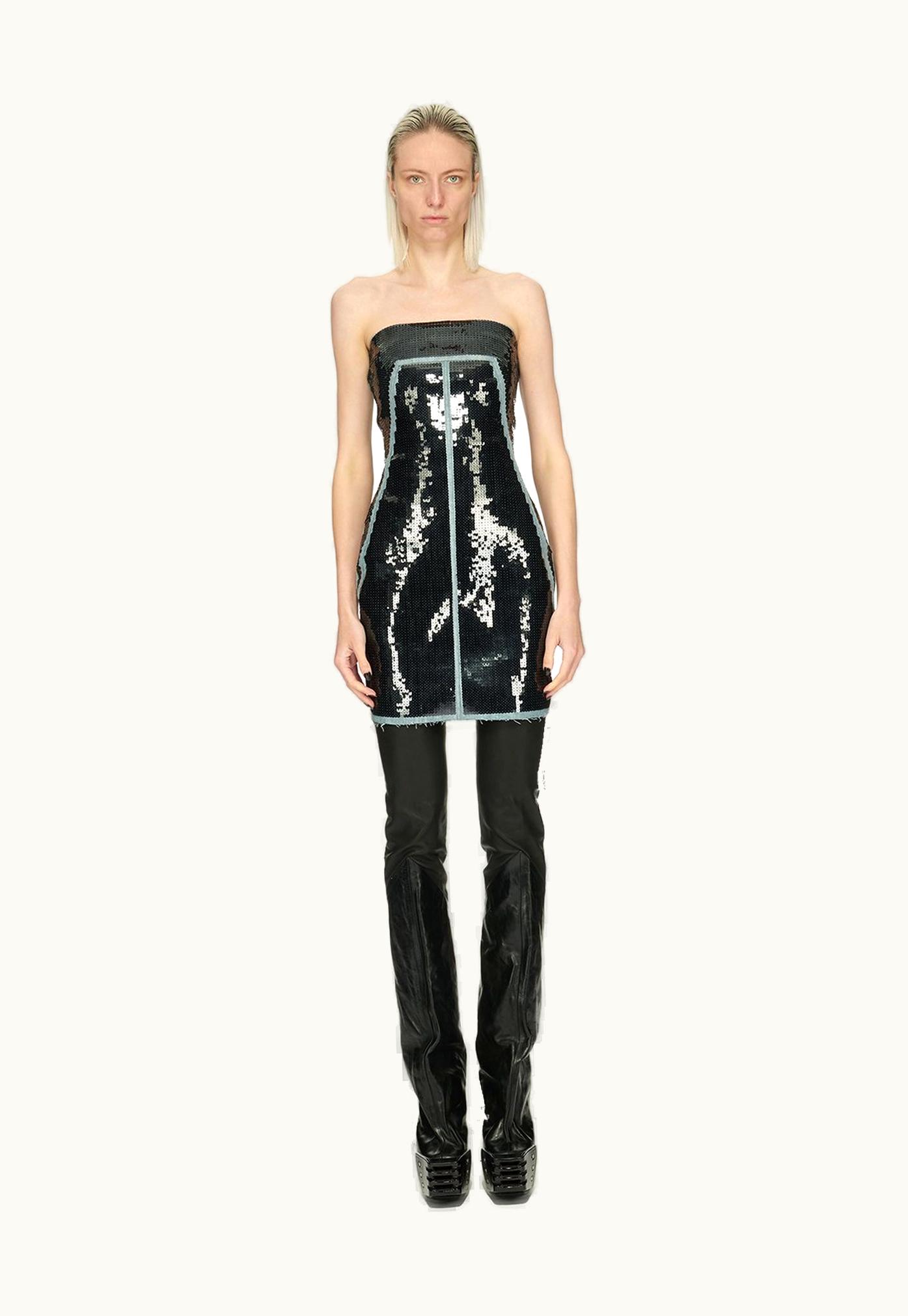 Rick Owens Rick Owens FW23 Luxor Bustier Dress In Blue And Black Sequin Embroidered Stretch Denim