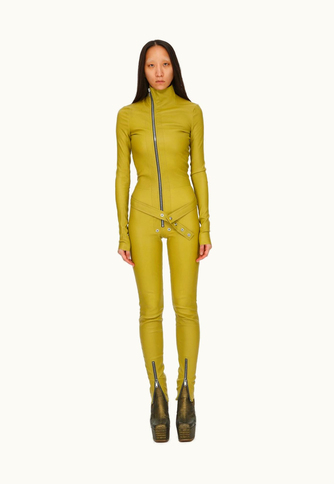 Rick Owens Rick Owens FW23 Luxor Tight Gary Flghtsuit In Acid Yellow Stretch Lamb Leather