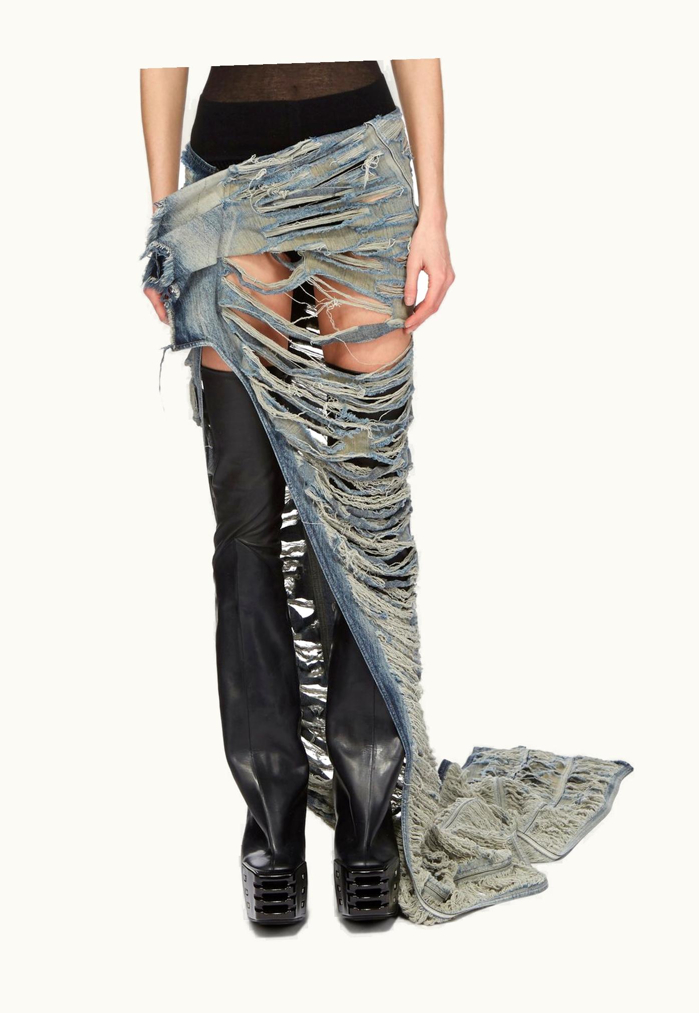 Rick Owens Rick Owens FW23 Luxor Runway Edfu Skirt Runway Length In Hustler Blue 13oz Mineral Pearl Shredded Denim