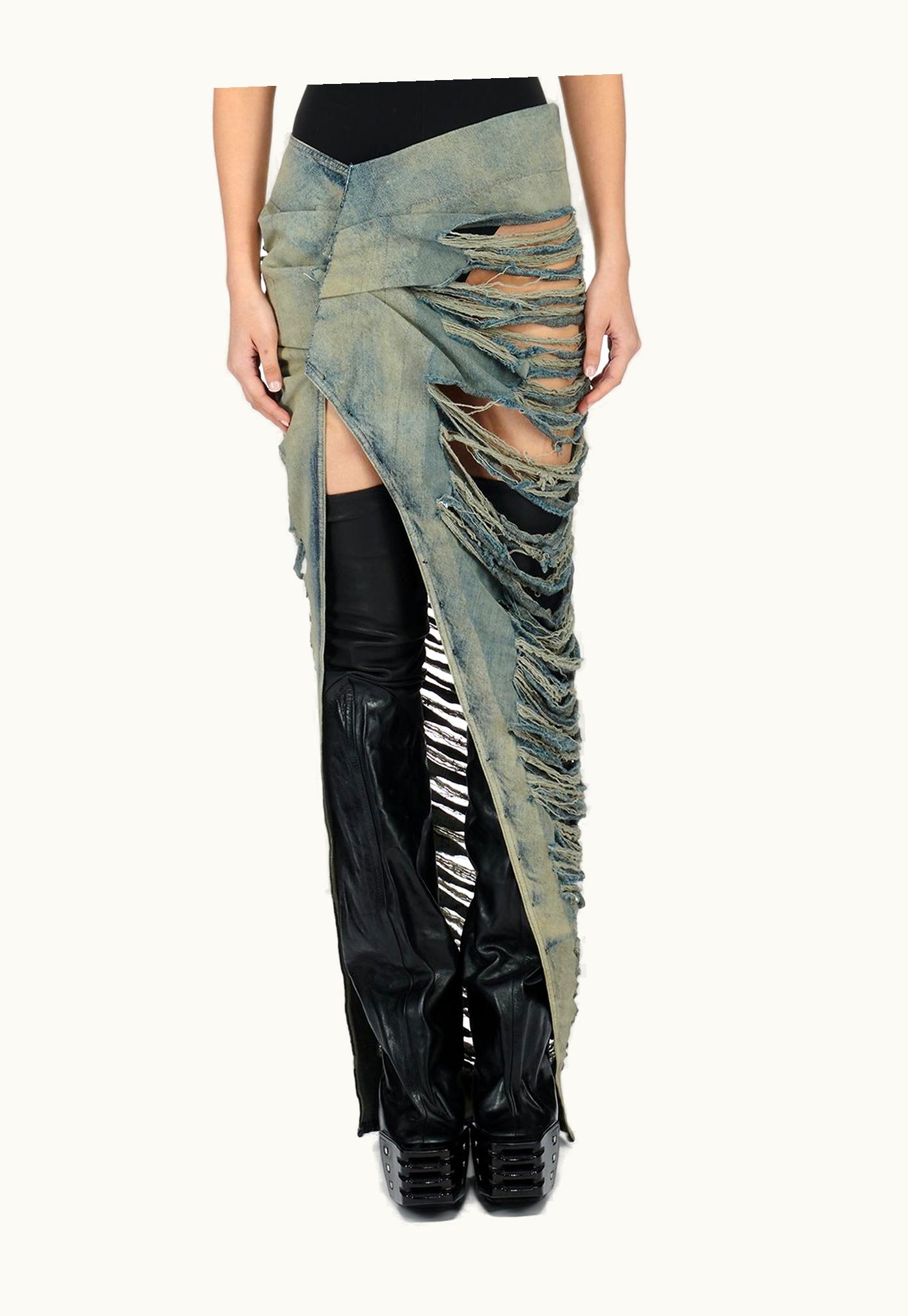 Rick Owens Rick Owens FW23 Luxor Edfu Skirt Shredded In 13oz Mineral Pearl Shredded Denim