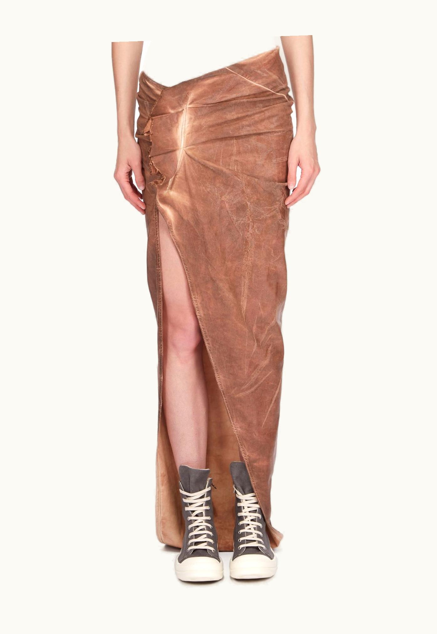 Rick Owens Rick Owens DRKSHDW SS24 Lido Denim Edfu Skirt Long In Henna Brown Overdyed Foil Stretch Denim