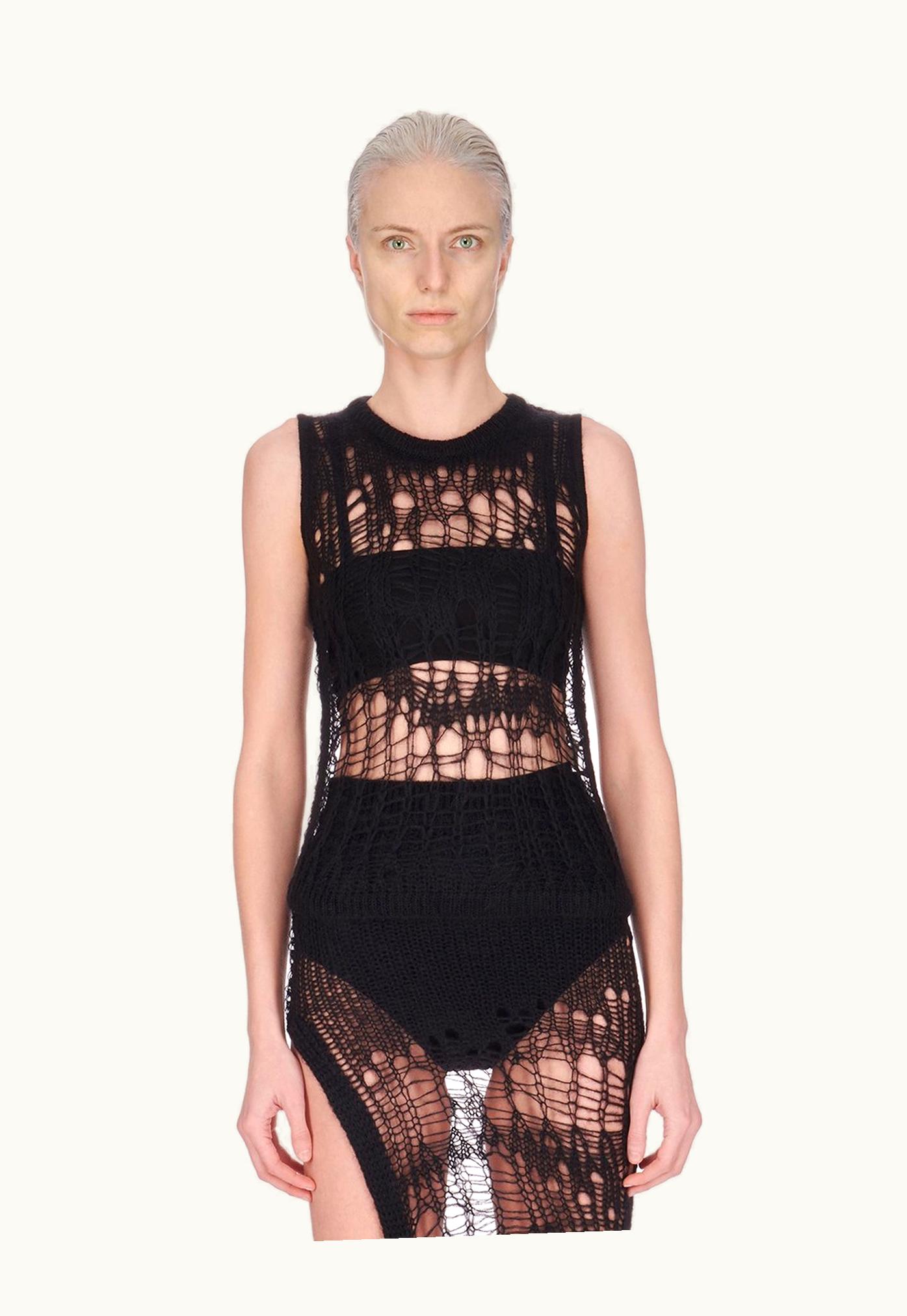 Rick Owens Rick Owens SS24 Lido Spider Tank Black Net Knit Luxury Sleeveless Top