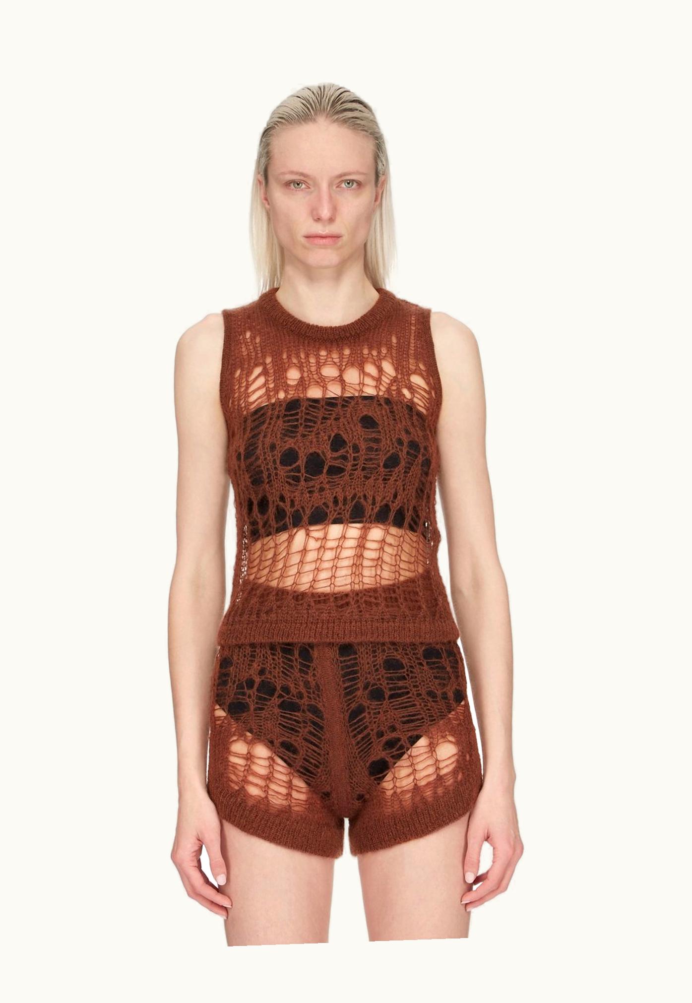 Rick Owens Rick Owens SS24 Lido Spider Tank Sleeveless Top in Henna Net Knit