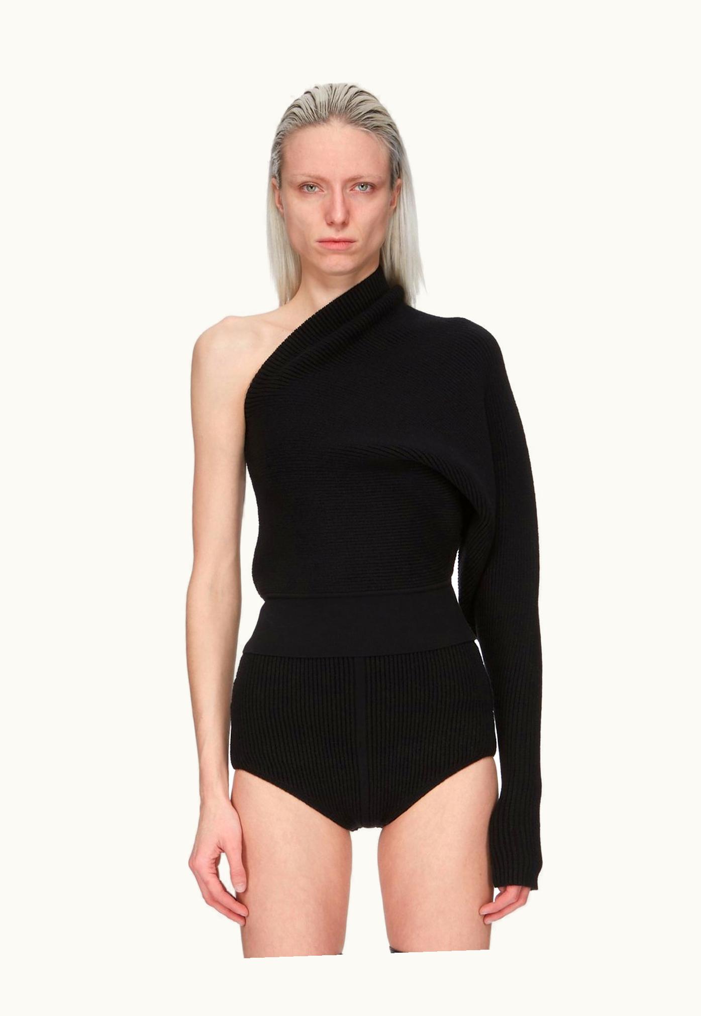 Rick Owens Rick Owens FW23 Luxor Runway One Sleeve Top In Black Heavy Rib Recycled Cashmere